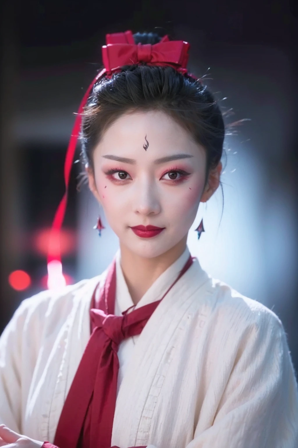 <lora:fuyu_07:0.8>,face lighting,bright backlight,super high resolution,best quality,Photos,4k,(Realistic:1.2),fuyu,1girl,black hair,earrings,red_lips_,ribbon,forehead mark,applying_makeup,long_sleeves,wide_sleeves,standing,smile,