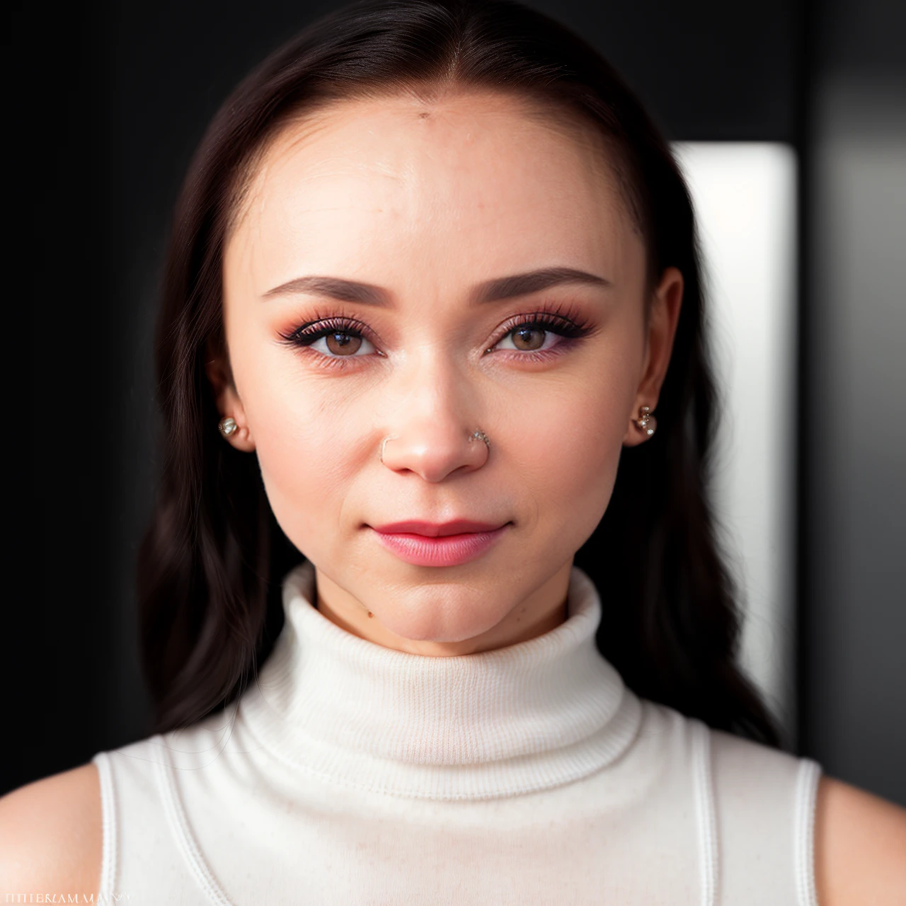 closeup studio portrait of alice02 wearing red lipstick and a turtleneck sweater, glamorous makeup, detailed eyes, smirk, very bright lighting, high contrast, RAW photo, skin imperfections
