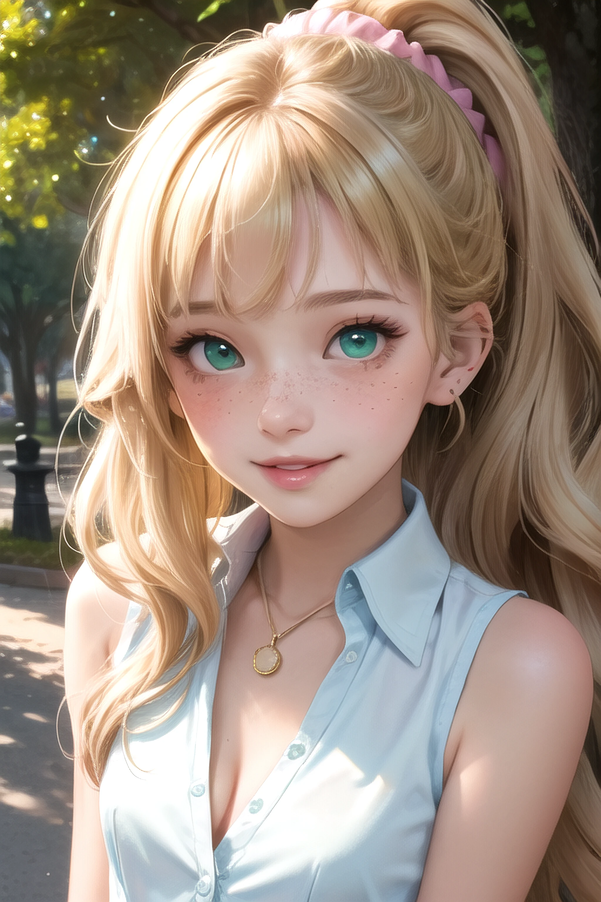 (masterpiece, best quality), 1girl, solo, face, parted lips, looking at viewer, light blush, light smile, pendant, ear piercing, long eyelashes, blonde hair, long wavy hair, high ponytail, asymmetrical bangs, green eyes, freckles, pale skin, outdoors, park, sunlight, pink scrunchie, white collared shirt, sleeveless, cleavage, small perky breasts, sexually suggestive
