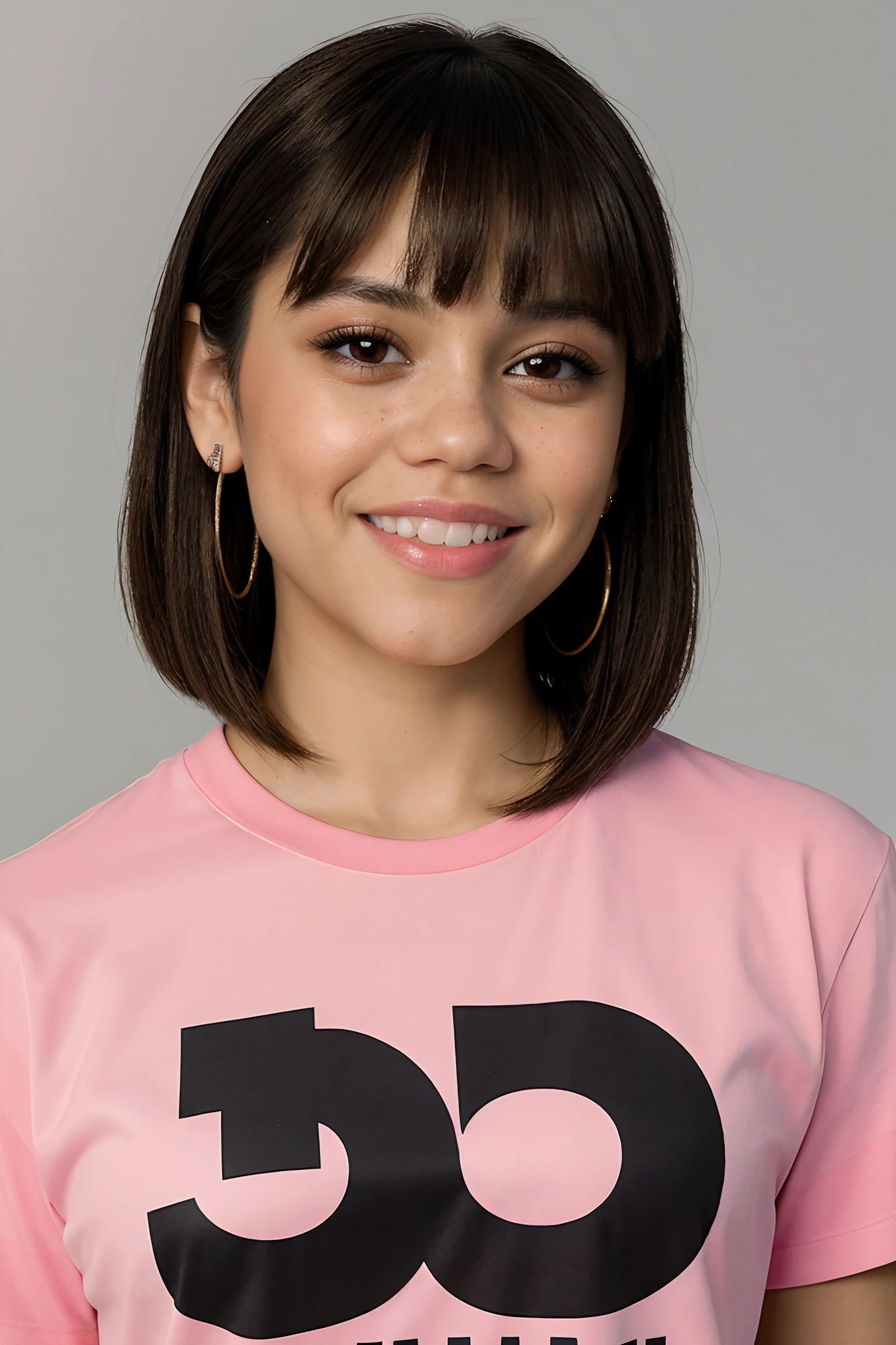 jenna orterga, jenna_ortega_v4 wearing t-shirt, skinny, bangs,
pink t-shirt,
head shot, close up, upper body, simple solid background, mid-twenty, age:21, 21 year old, portrait,
<lora:Jenna_Ortega_V2:0.7>,