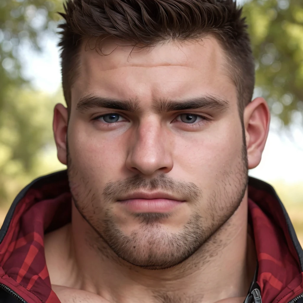 (solo, male), close-up portrait, masculine, square jaw, cleft chin, stubble, handsome, parted lips, (chubby:0.1), beautiful eyes, skin texture, beefy, outdoors, sharp focus,