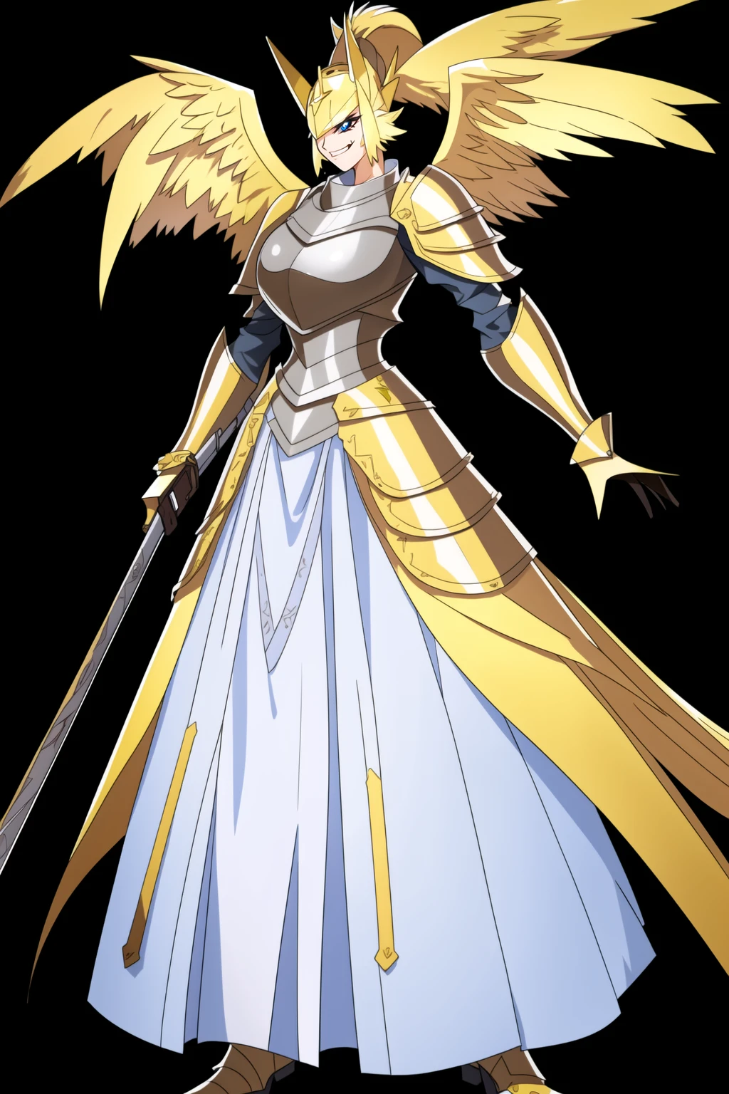 a waifu wearing armor,breastplate,smug,full body,simple background,black background,ncrender, <lora:NewCentury15V2:1>