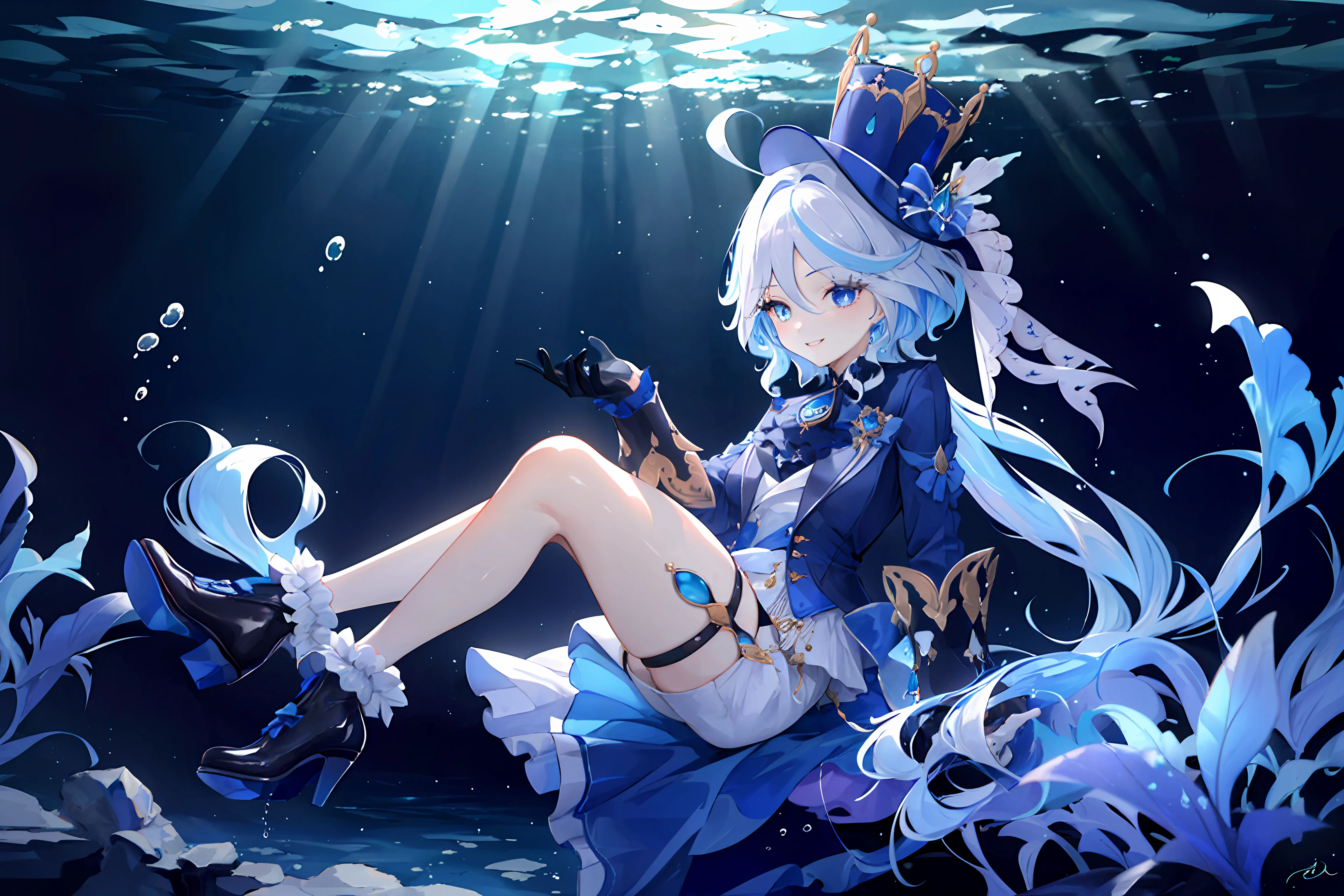 Furina in the bottom of the sea, swimming with fishes
