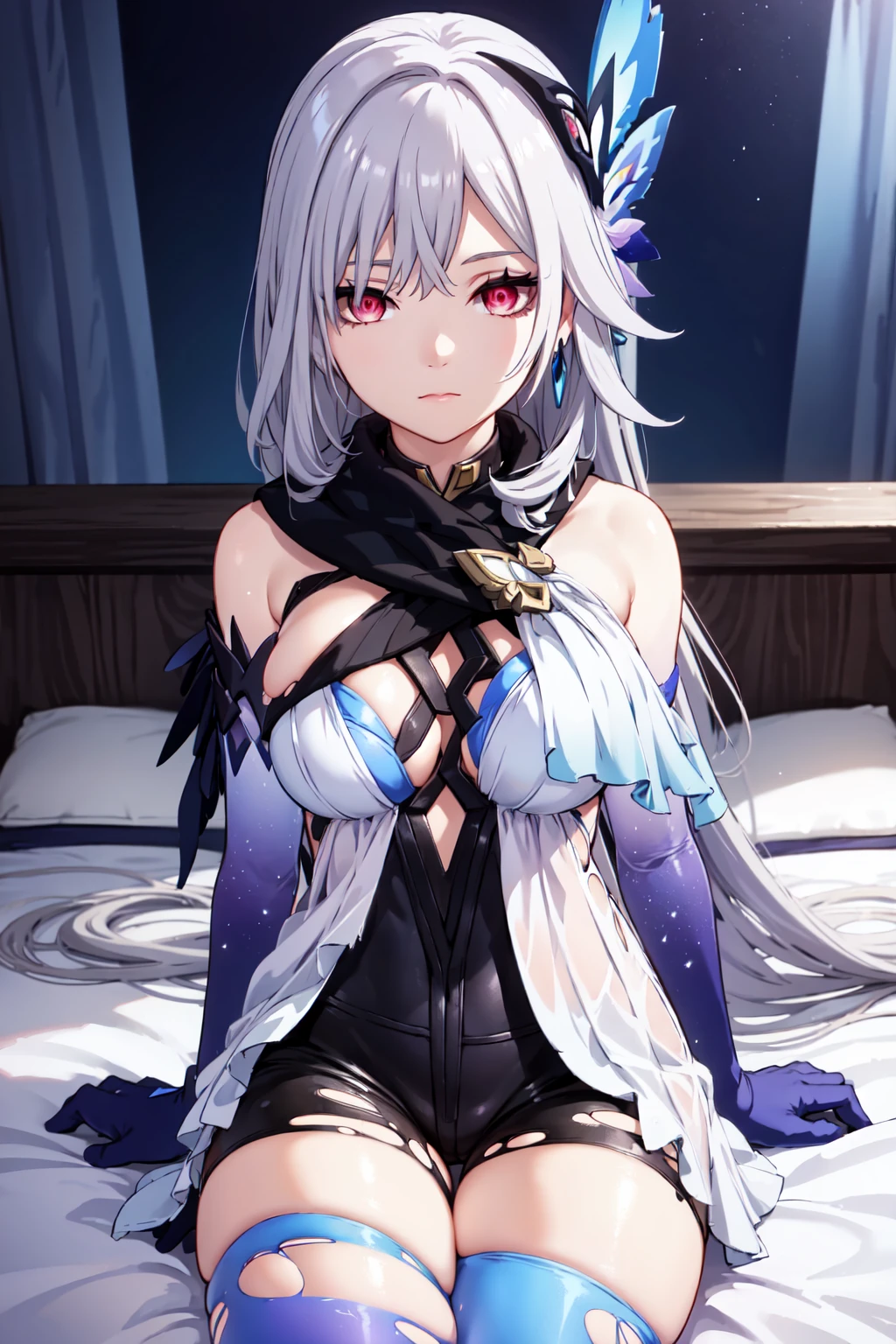 skirk, 1girl, long hair, thighhighs, gloves, upper body, looking at viewer, elbow gloves, jewelry, bedroom, bare shoulders, white dress, bangs, earrings, gradient legwear, breasts, hair ornament, closed mouth, pale purple hair, blue gloves, sitting, gradient clothes, torn clothes, blue thighhighs, red eyes, black shorts
<lora:skirk:1>