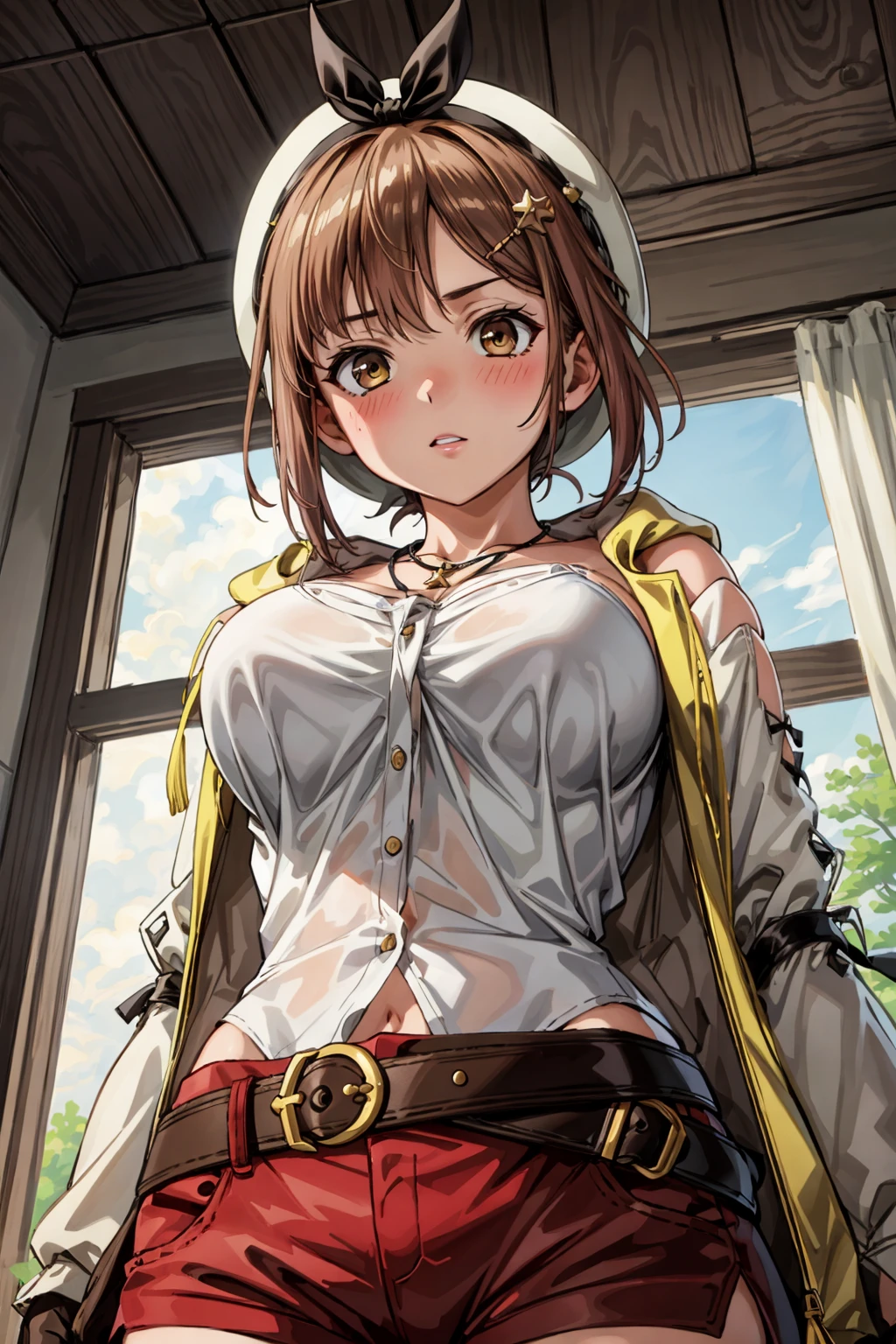 <lora:more_details:0.5>, <lora:ryza-09:0.7>, riza, brown hair, single glove, brown thighhighs, brown eyes, red shorts, jewelry, belt, hat, white headwear, necklace, yellow jacket, hair ornament, short hair, brown glove, shirt, star \(symbol\), large breasts,  room, indoors, wood, (view from below:1.3), sensual, blush, nervous,, 1girl, (masterpiece:1.3), (high resolution), (8K), (extremely detailed), (4k), (pixiv), perfect face, nice eyes and face, (best quality), (super detailed), detailed face and eyes, (solo), textured skin, absurdres, highres