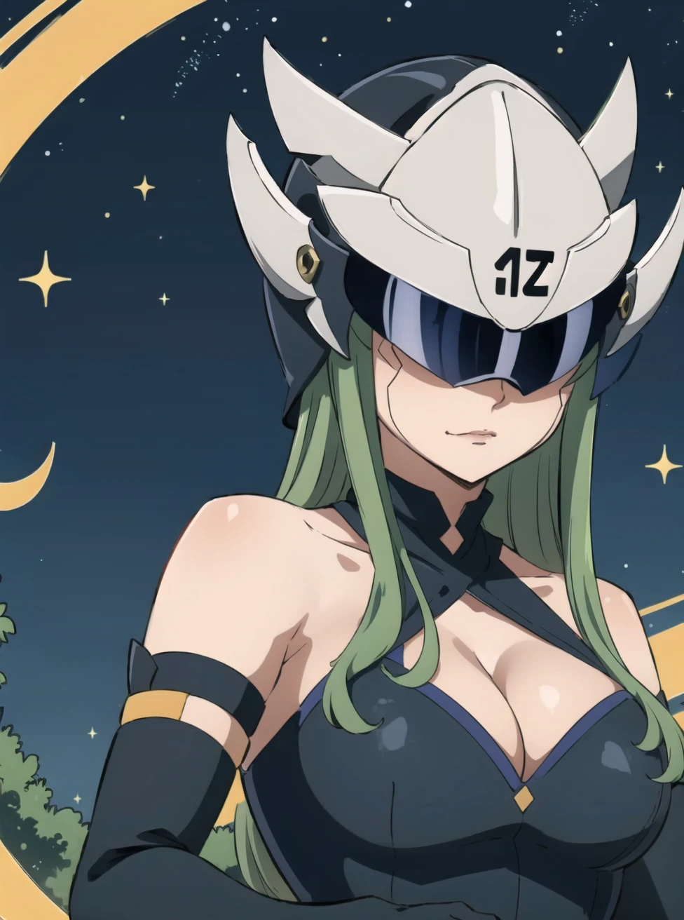 <lora:EdensZero_Witch_V2:0.7>, ,witchbattledress,conceilded eyes battledress, combat helmet,combat visor,green hair, black dress, (portrait:0.3) ,cleavage, elbow gloves , bare shoulders ,<lora:2Bout_SD15:0.0>, <lora:age_slider_v2:0> ,background is night sky with stars, sakura leaves falling,