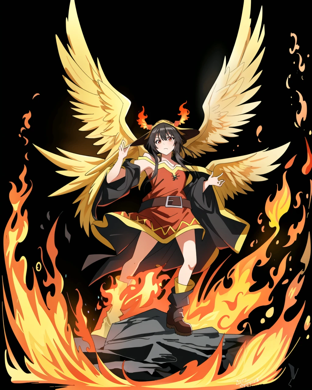 full body,fire wings,burning eyes, pheonix megumin,pheonix,head wings,art by ncrender,dynamic pose,simple background, black background, <lora:NewCentury15V2:1>