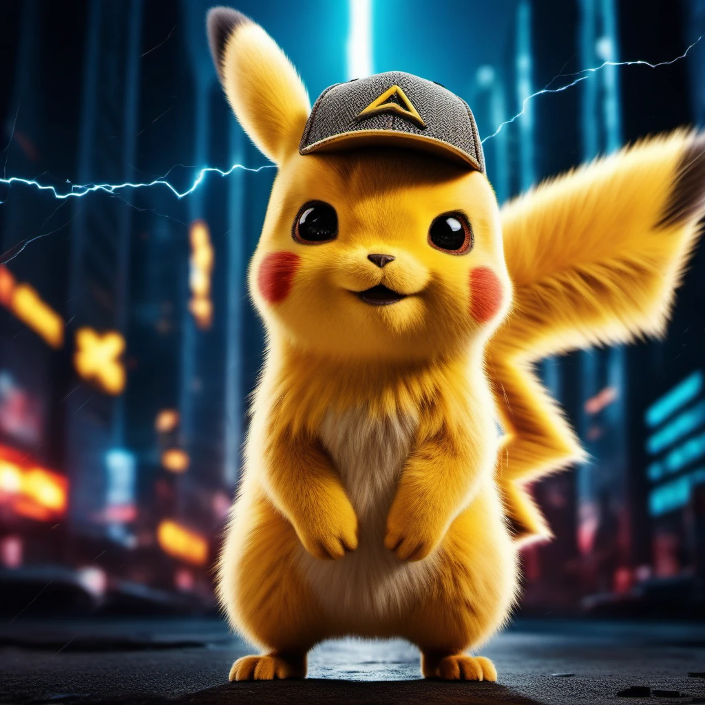 DetectivePikachu1024 wearing a cap, angry, rage, powerfull, electricity, lightning, sparkles, explosions, cyberpunk city background, highly detailed , photography, ultra sharp, film, bokeh, professional, 4k, highly detailed <lora:add-detail-xl:1.5> <lora:Ulysse31-768:0.7> <lora:DetectivePikachu1024:0.4>