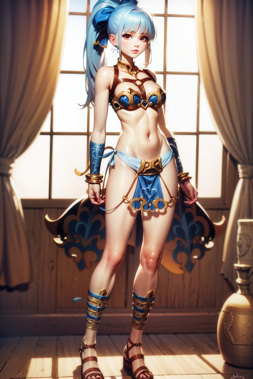 (Plain background:1.2) 1solowoman full body toe to head, short bob white hair, feet together, high boots, big breast big knockers, hands on hips, toned body with six pack abdominal well defined, belly navel, lustful smirking smile face