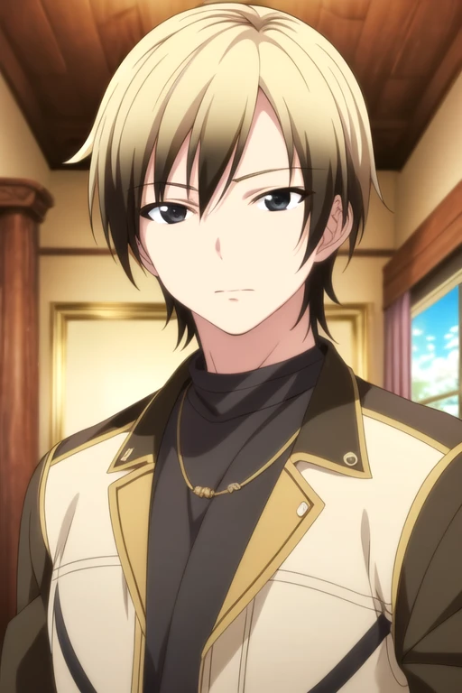masterpiece, best quality, photorealistic, 1boy, solo, male focus, looking at viewer, upper body, depth of field, anime coloring, , <lora:kodaka_hasegawa:0.74>, kodaka_hasegawa, blonde hair, black eyes, multicolored hair, , , , The Isle of Doom, 16k resolution