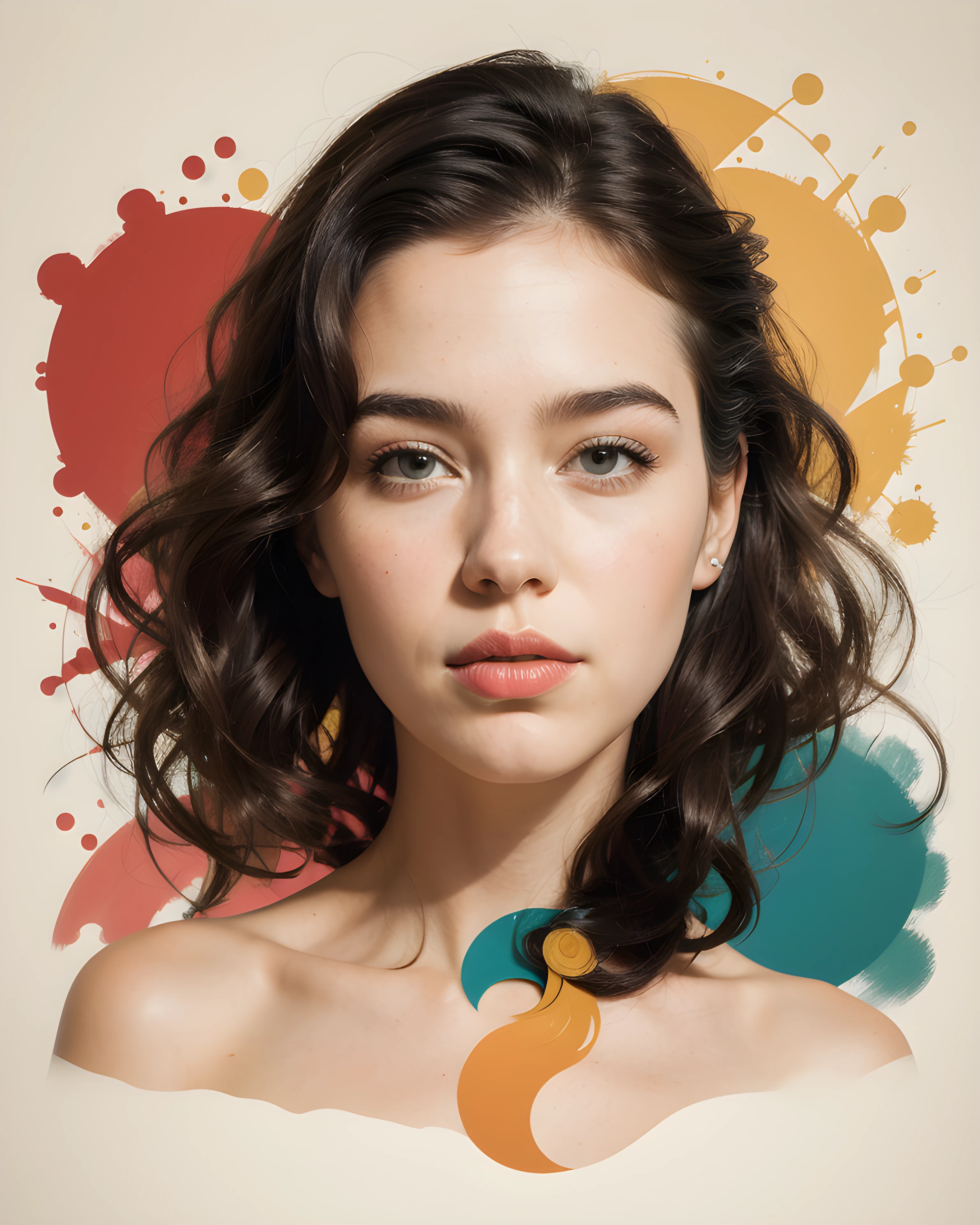 

flat colors, graphic style, dynamic abstract portrait of young woman, abstract forms blended into the shapes of her face and hair, geometrical elements melted into the bold brush strokes in the faint mix of kandinsky and norman rockwell style 