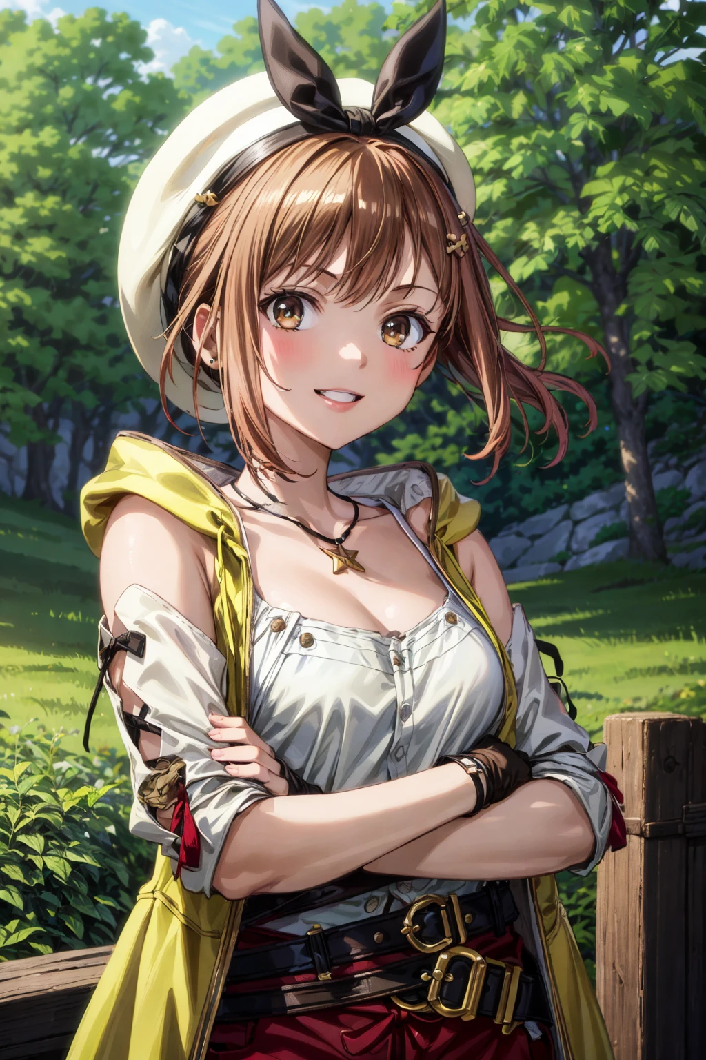 <lora:more_details:0.5>, <lora:ryza-09:0.7>, riza, brown hair, single glove, thighhighs, brown eyes, red shorts, jewelry, belt, hat, white headwear, necklace, yellow jacket, hair ornament, short hair, brown glove, shirt, standing, looking at viewer, smile, outdoors, nature, smile, dynamic angle, 1girl, (masterpiece:1.3), (high resolution), (8K), (extremely detailed), (4k), (pixiv), perfect face, nice eyes and face, (best quality), (super detailed), detailed face and eyes, (solo), textured skin, absurdres, highres