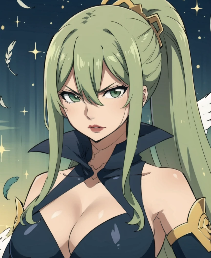 <lora:EdensZero_Witch_Ms:0.7>,witchregret,overdrive outfit, hair ornament, ponytail,bangs curling back,green eyes,green hair, serious face, lipstick, detailed eyes,longhair, elbow gloves, feathers, cleavage,<lora:age_slider_v2:1>,(portrait:0.5)