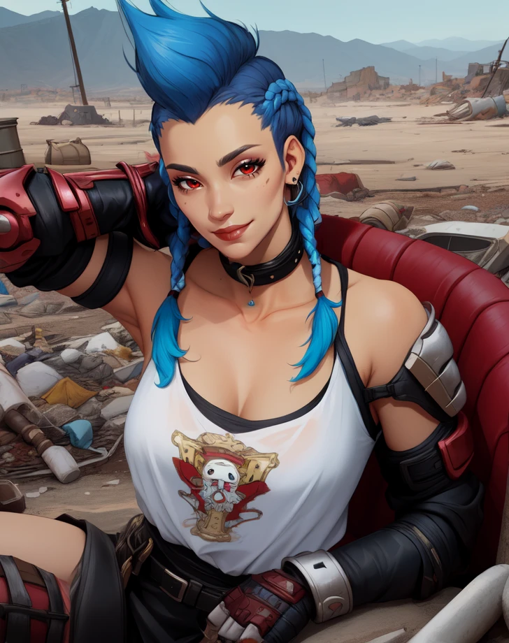 junker,blue hair,braids,mohawk,red eyes,
shirt,collar,armor,collarbone,gauntlets,bare shoulders,single pauldron,
upper body,smile,
sitting,
outdoors,wasteland,
(insanely detailed, beautiful detailed face,beautiful detailed eyes, masterpiece, best quality),solo,<lora:JunkerQueenOW2-10:0.8>,