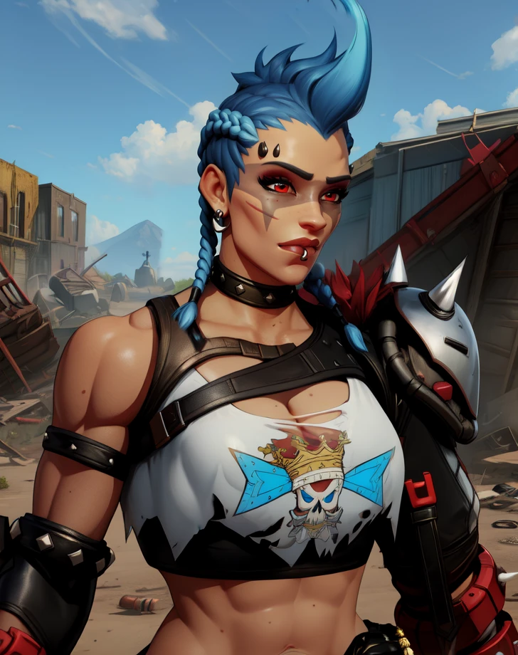 junker,blue hair,braids,mohawk,red eyes,piercing,face paint,makeup,
shirt,midriff,collar,armor,collarbone,gauntlets,bare shoulders,single pauldron,
standing,upper body,cleavage,
outdoors,wasteland,
(insanely detailed, beautiful detailed face,beautiful detailed eyes, masterpiece, best quality),solo,<lora:JunkerQueenOW2-14:0.8>,
