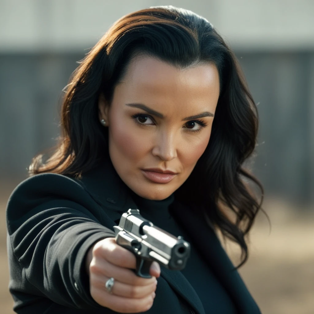 cinematic film still of a woman in a black jacket holding a gun Cinematic Film Style
 <lora:Lisa Ann-000002:1> Lisa Ann
 <lora:Cinematic Film:1>, shallow depth of field, vignette, highly detailed, high budget, bokeh, cinemascope, moody, epic, gorgeous, film grain, grainy