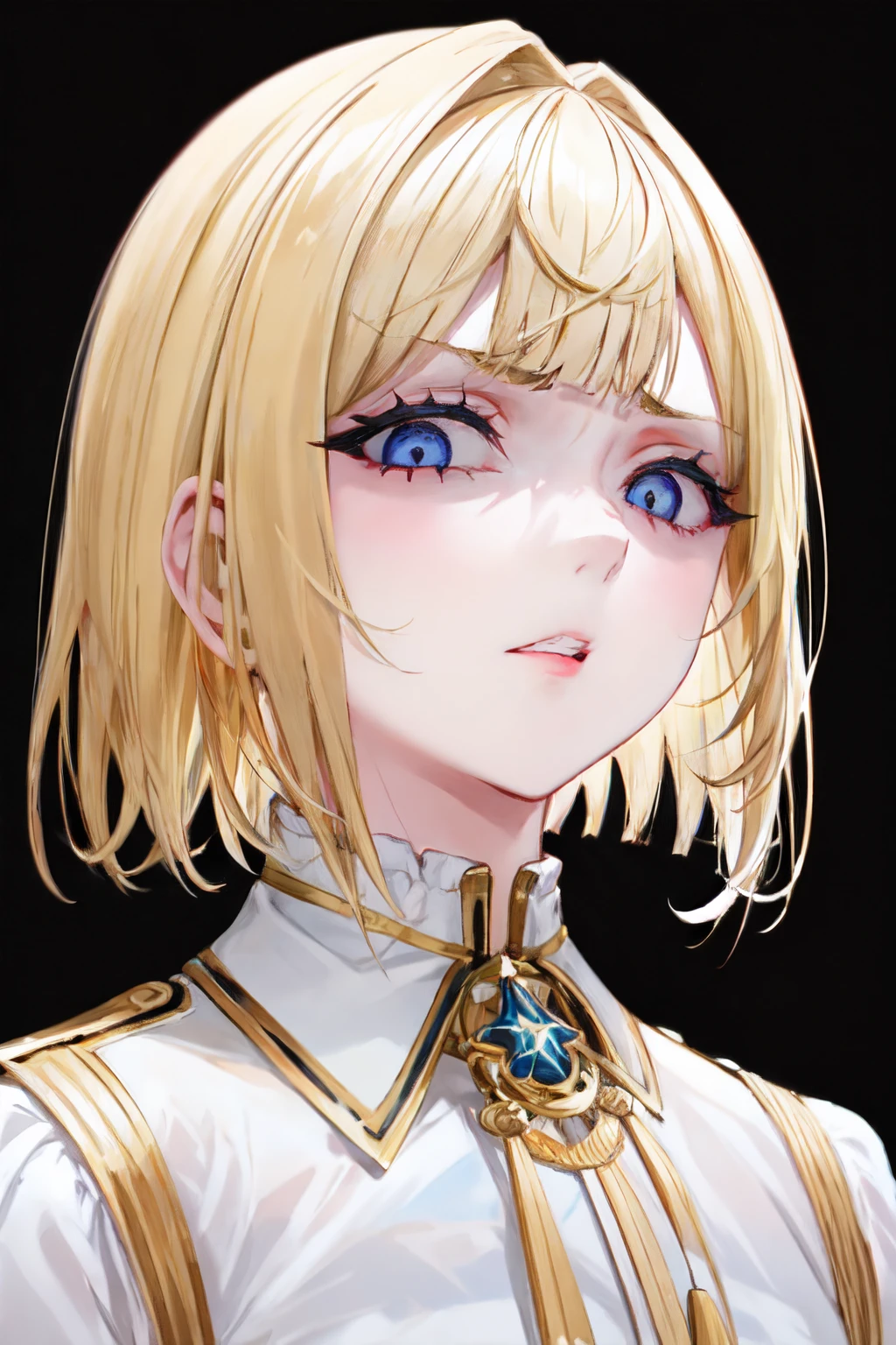 ｛masterpiece　Very detailed　aldult　超High resolution　High resolution　最high quality　Very detailedな　detailed woman　high quality　8k｝　Goddess Athena　Upper Body　White cloth waist wrap　The clavicle is visible　((Wearing a thick black jacket　Golden jacket　Puffy Sleeves))　((A dress made of white fabric　Oversized)) 　((Front crossdressing))　(((Shoulders are exposed)))　((Cleavage))　Big eyes　((heterochromia,pink eye,sky blue eye))　｛Touching hair｝　Light blonde hair　Beautiful Hair　((short hair))　One eye is hidden by his bangs　ponytail　Hair tied up high　Center parted, swept up bangs style　forehead　((Slicked back hair))