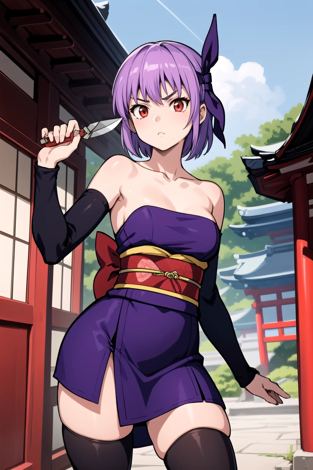 best quality, masterpiece, (leaning over:1.4), 1 girl, yuzuriha_(jigokuraku), purple hair, brown eyes, ninja, open cloths , (breast exposed), small breasts, topknot, medium hair, breasts apart, seductive smile, no pants,undressing panties, (pussy visible) , armpit , undressing, (blush:1.1), japanese exterior, temple,