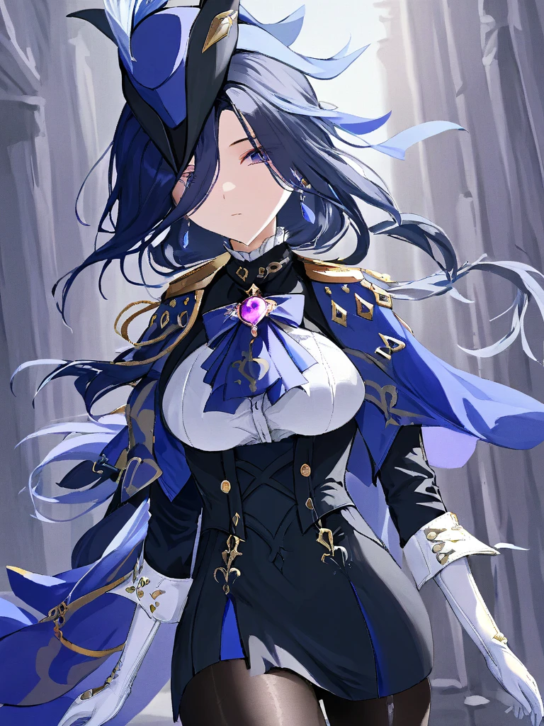<lora:kelolinde_xl:1>,kelolinde,1girl,solo,gloves,hat,white gloves,jewelry,blue cape,skirt,pantyhose,earrings,looking at viewer,breasts,closed mouth,long sleeves,cowboy shot,blue headwear,shirt,cape,ponytail,high-waist skirt,hair over one eye,ascot,black skirt,