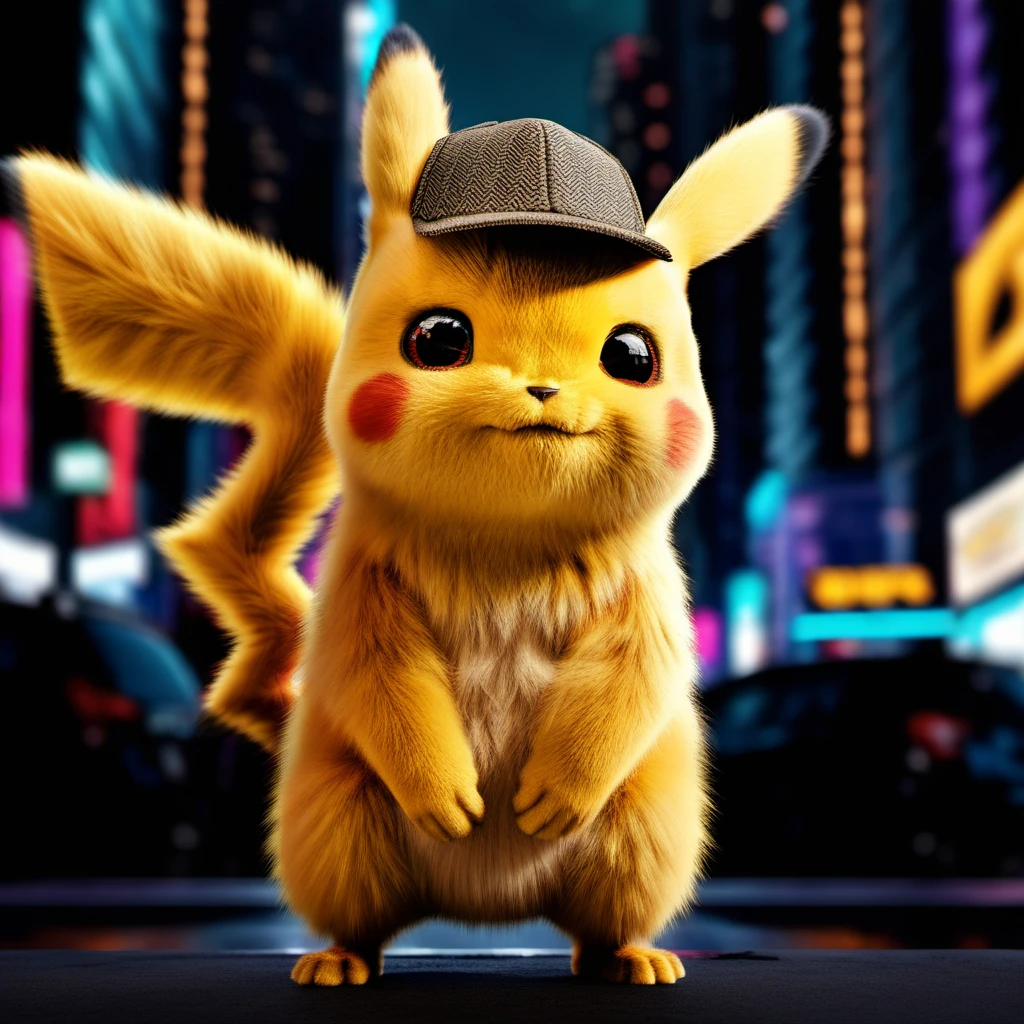 DetectivePikachu1024 wearing a cap, cyberpunk city background, highly detailed , photography, ultra sharp, film, bokeh, professional, 4k, highly detailed <lora:add-detail-xl:1.5> <lora:Ulysse31-768:0.7> <lora:DetectivePikachu1024:0.8>