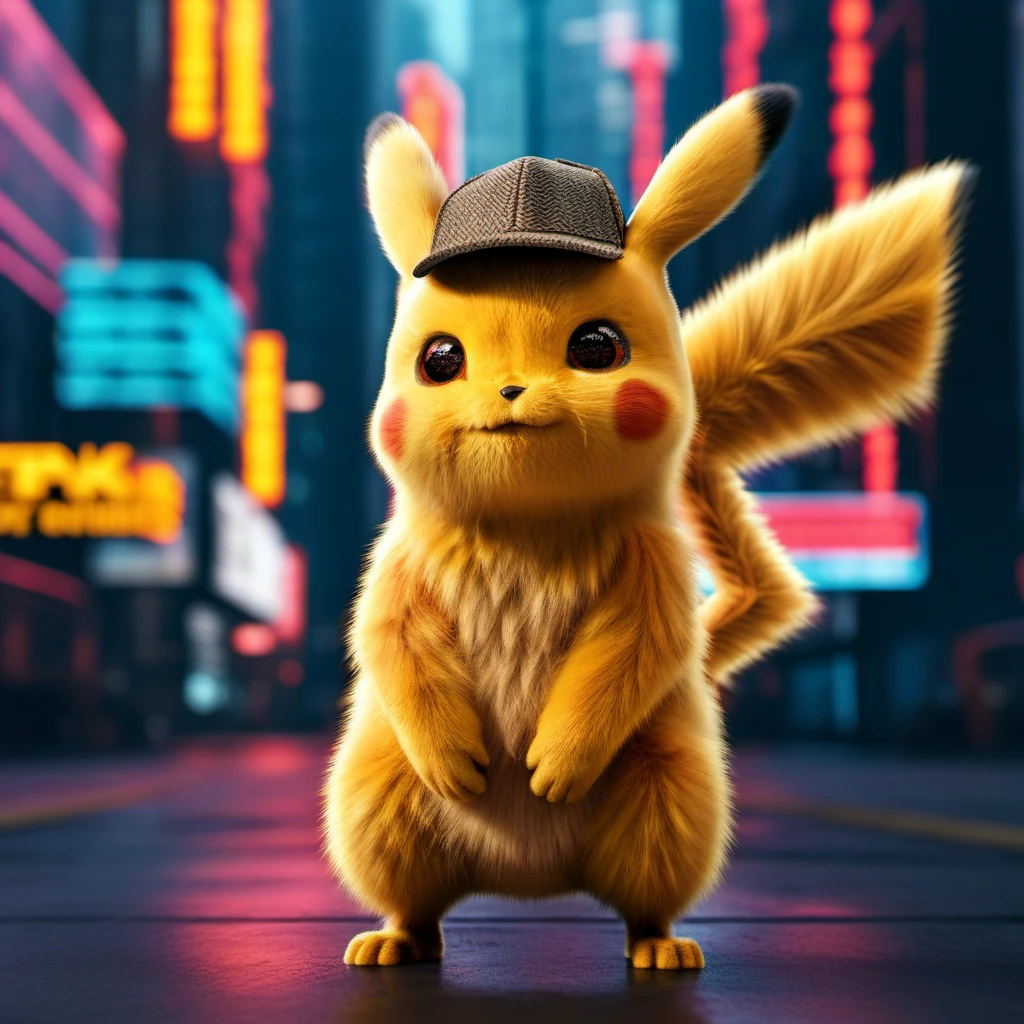 DetectivePikachu1024 wearing a cap, cyberpunk city background, highly detailed , photography, ultra sharp, film, bokeh, professional, 4k, highly detailed   <lora:add-detail-xl:1.5>  <lora:Ulysse31-768:0.7> <lora:DetectivePikachu1024:0.8>
