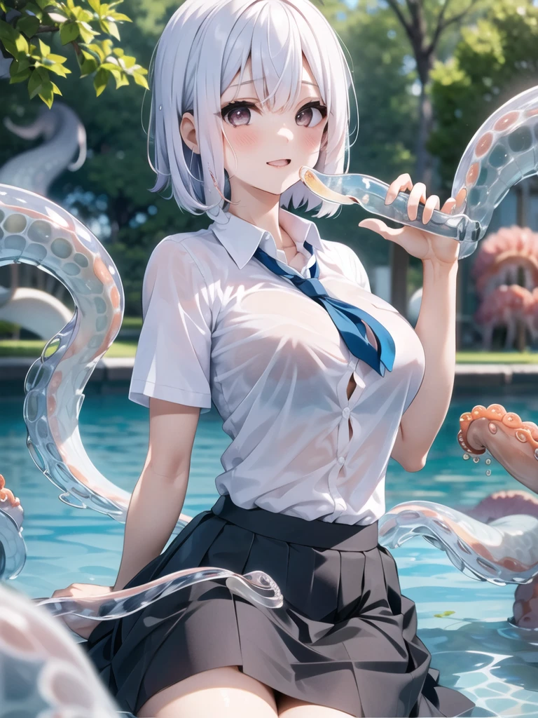 in park, a girl, upper body, transparent tentacles, glass tentacles, tentacle sex, large breasts, shirt, skirt, sitting, white hair
<lora:tentacles001_0.5 :1>