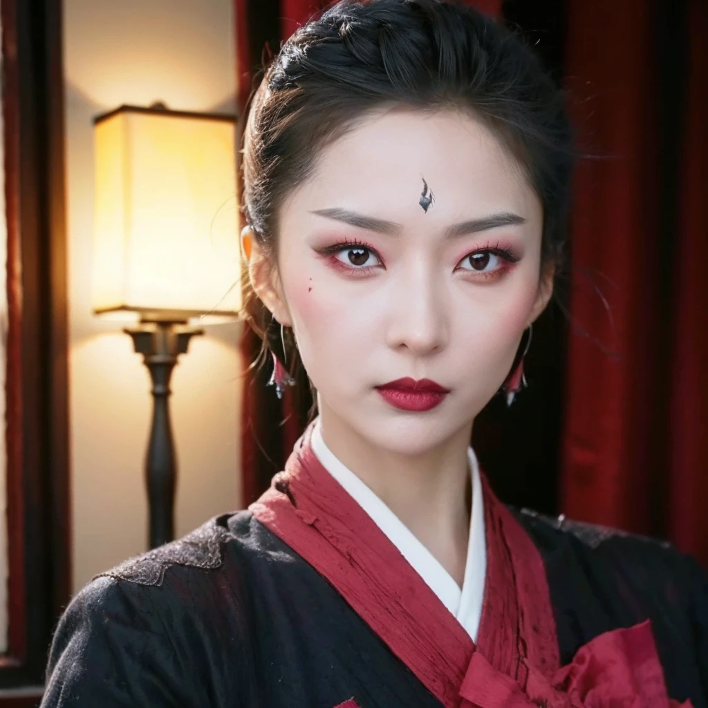 <lora:fuyu_07:0.8>,face lighting,bright backlight,super high resolution,best quality,Photos,4k,(Realistic:1.2),fuyu,1girl,black hair,earrings,red_lips_,ribbon,forehead mark,applying_makeup,long_sleeves,wide_sleeves,standing,