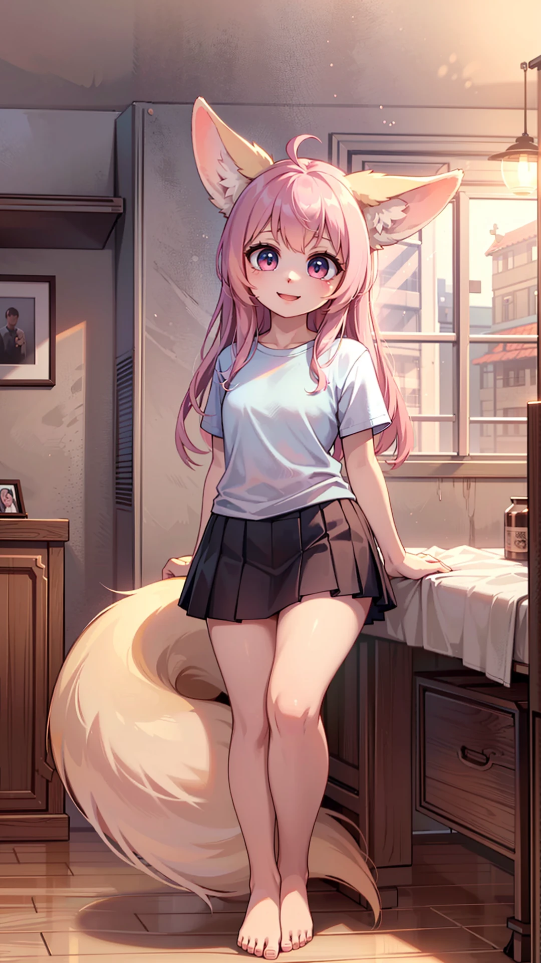 solo, detailed background, fennec, (girl, human), smiling, multicolored fur, (skirt, shirt), masterpiece, fox ears, fluffy tail, detailed skin, detailed face and eyes, higher body and limbs detail, flawless face, beautiful girl, amused beautiful, petite, slim, feminine, large eyes, pretty face