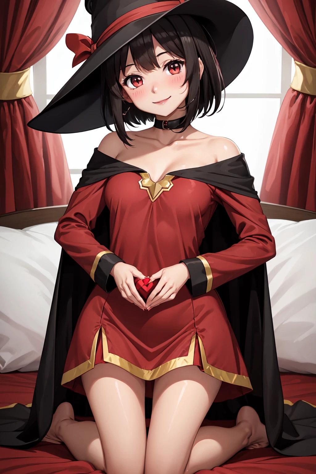 a woman in a hat and dress kneeling down with her hands on her hips and her legs crossed, Ayako Rokkaku, anime girl, Pixiv, superflat, (small:1.2) breast,
1girl, alternate breast size, black hair, blush, breasts, cape, collarbone, dress, hat, heart, large breasts, long sleeves, looking at viewer, megumin, red dress, short hair, witch hat, smile