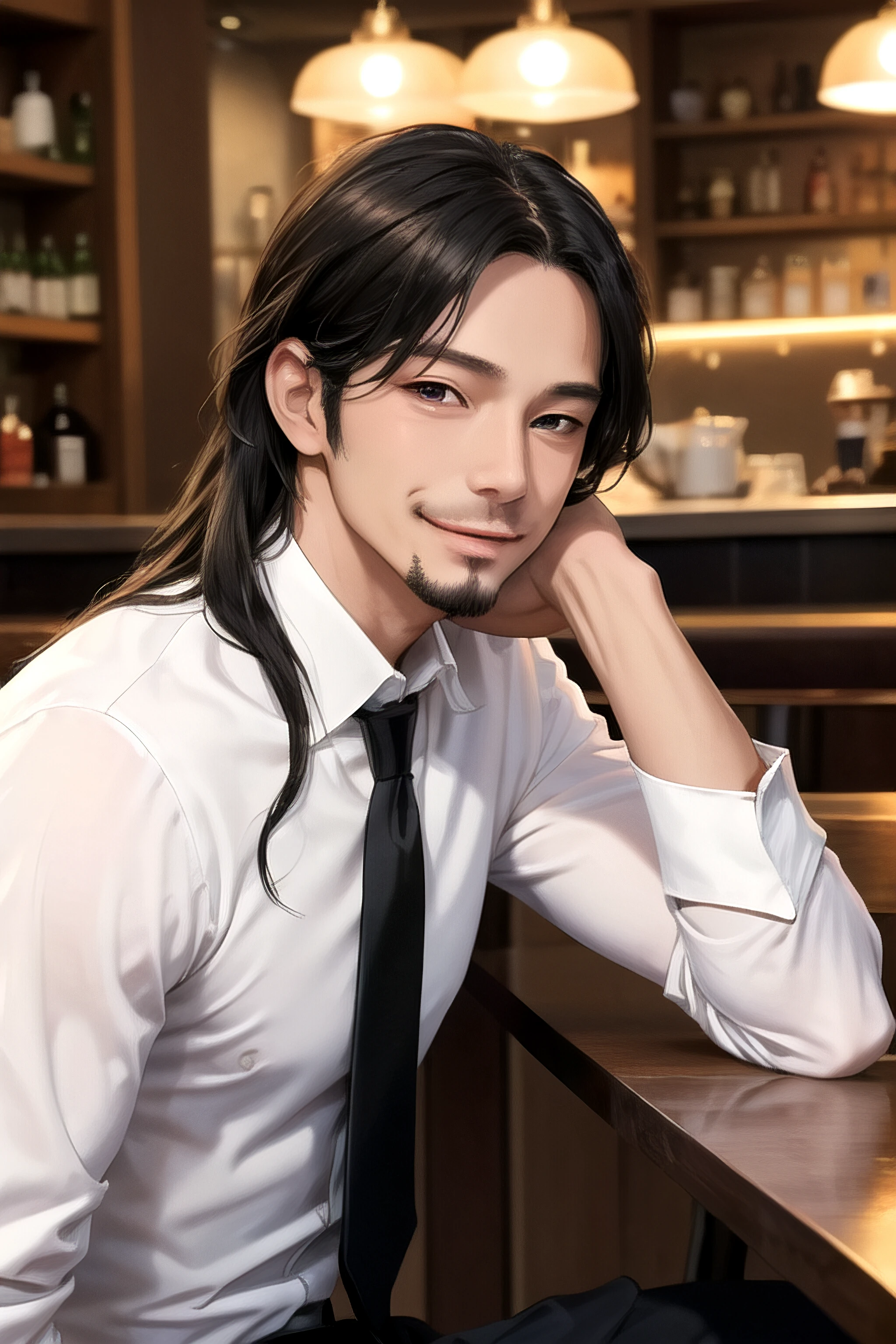 (masterpiece, best quality), mature male, muscular, formal, white shirt, black necktie, cafe, sitting, looking at viewer, upper body, from side, medium straight hair, black hair, goatee, smirk, elbow rest