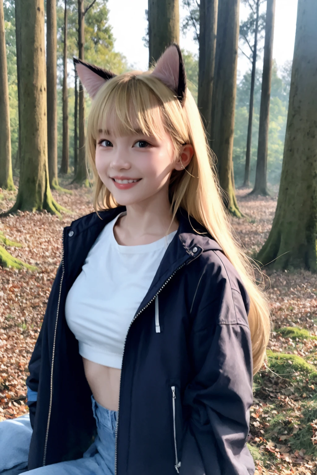 masterpiece, best quality,20yo,medium breasts, 
,outdoors, forest,tree,
1girl,long hair,bangs,blue jacket,(blonde hair:1.2),cat ears, smile,white crop top,