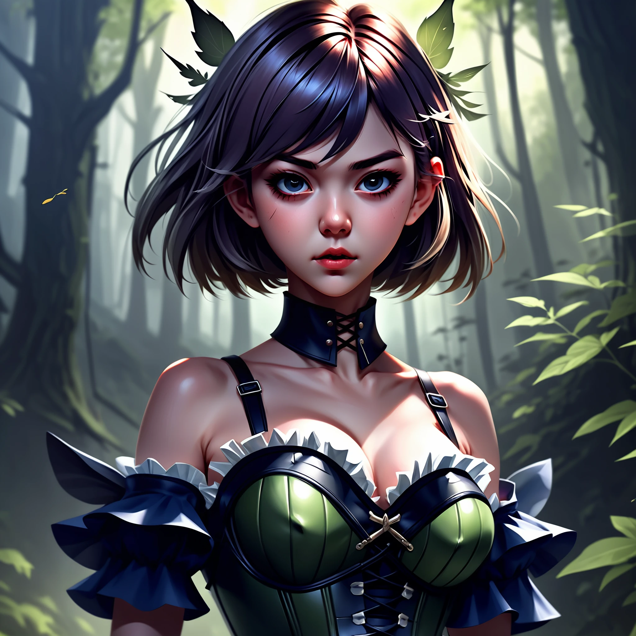 Close-up anime portrait by WLOP and Artgerm, trending on artstation, (masterpiece, best quality), 1girl, pixie, in a fantasy forest, short hair, large breasts, corset top, ruffled mini skirt