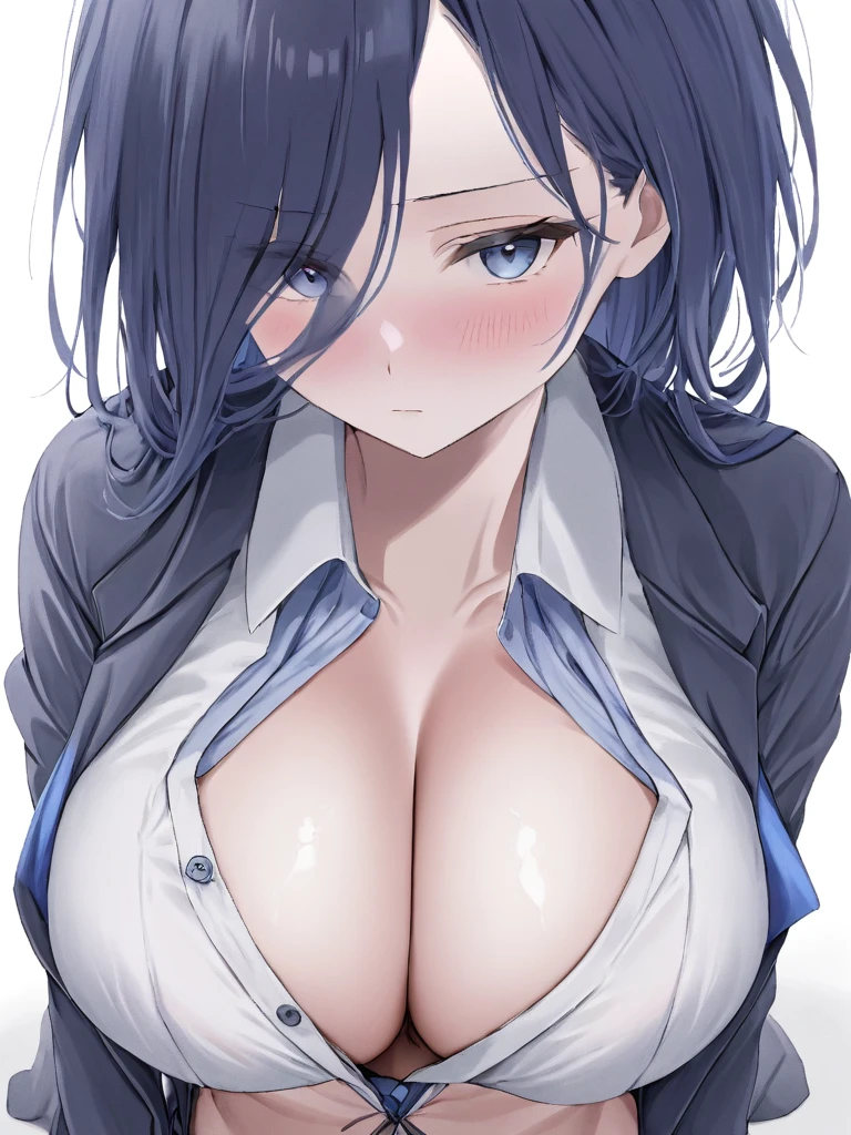 <lora:kelolinde_xl:1>,kelolinde,1girl,breasts,solo,shirt,white background,looking at viewer,white shirt,cleavage,simple background,long sleeves,blush,collared shirt,closed mouth,corset,buttons,necktie,partially unbuttoned,blue eyes,dress shirt,open shirt,
