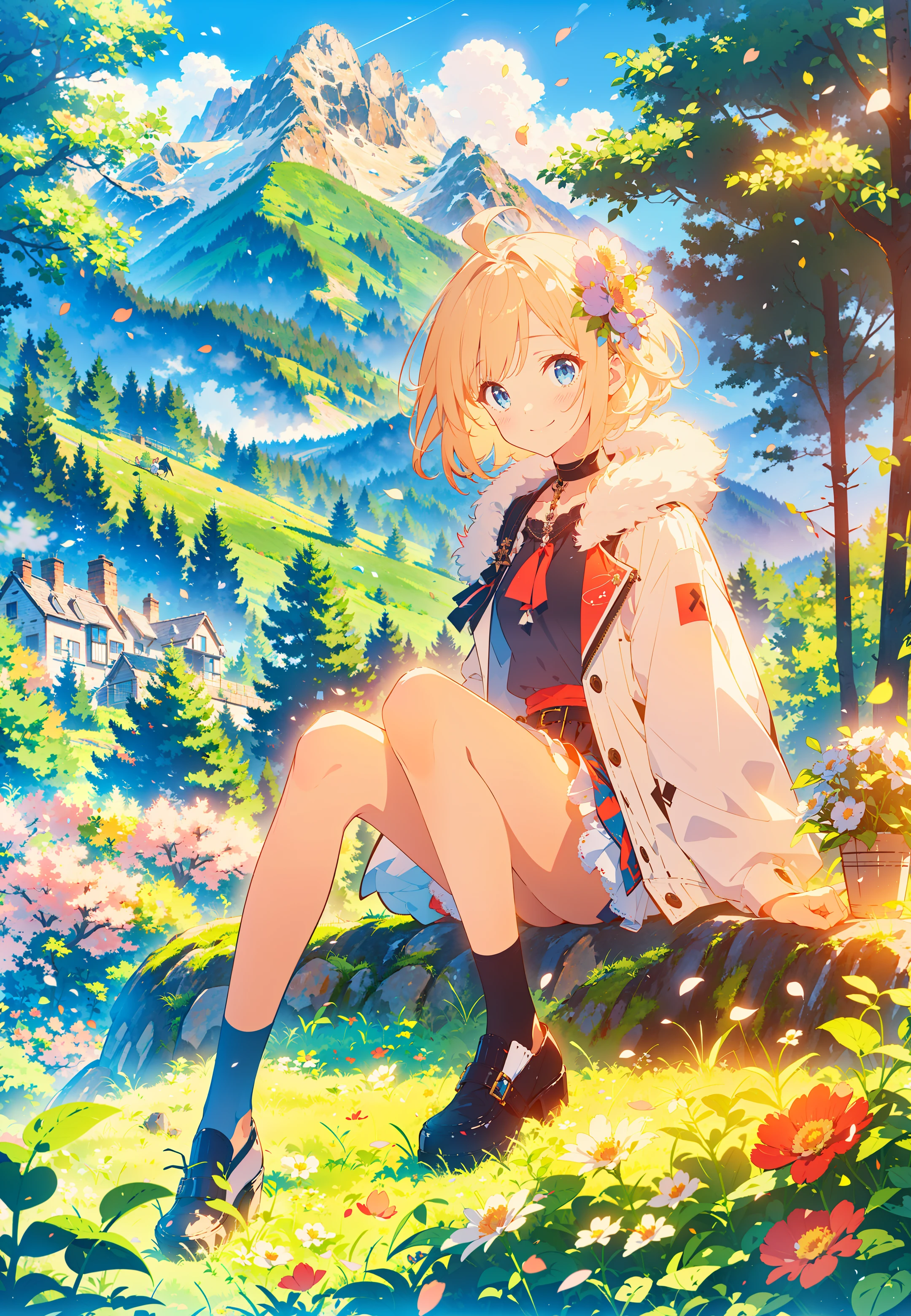 masterpiece, best quality,
1girl, sitting, ahoge, blonde hair, blue eyes, fur collar, fur trim, grass, short hair, smile, solo, trembling, full body, shoes,
sky, mountain, forest, (flower field:1.5), (falling petals:1.3),