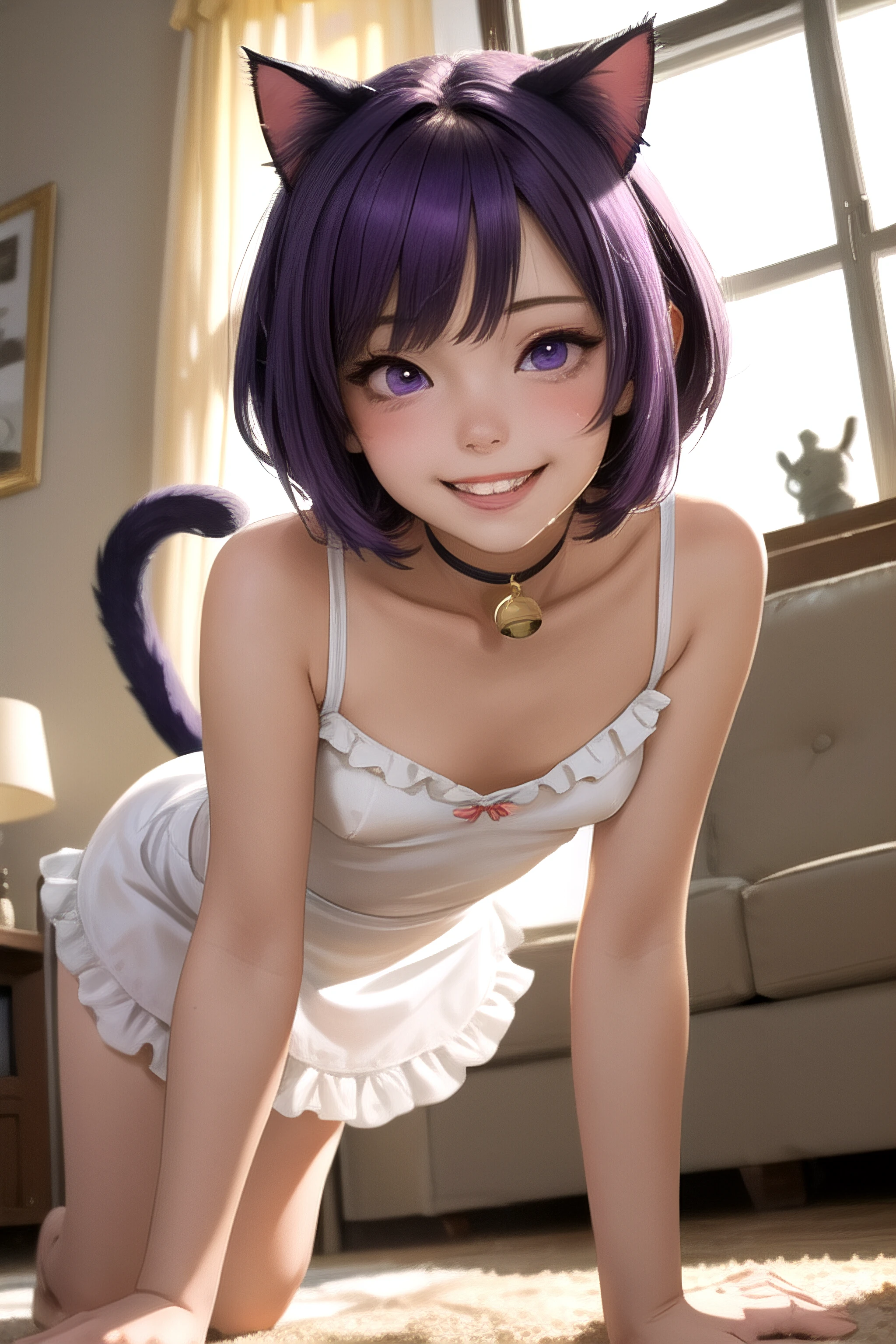 (masterpiece, best quality), 1girl, solo, purple hair, short hair, inverted bob, purple eyes, small breasts, narrow waist, long eyelashes, living room, indoors, window, backlighting, light particles, portrait, white short dress, sleeveless, low neckline, spaghetti, frills, neck bell, naughty face, grin, cat girl, cat ears, cat tail, see-through silhouette, leaning, leaning forward, sexually suggestive, looking at viewer, all fours,
