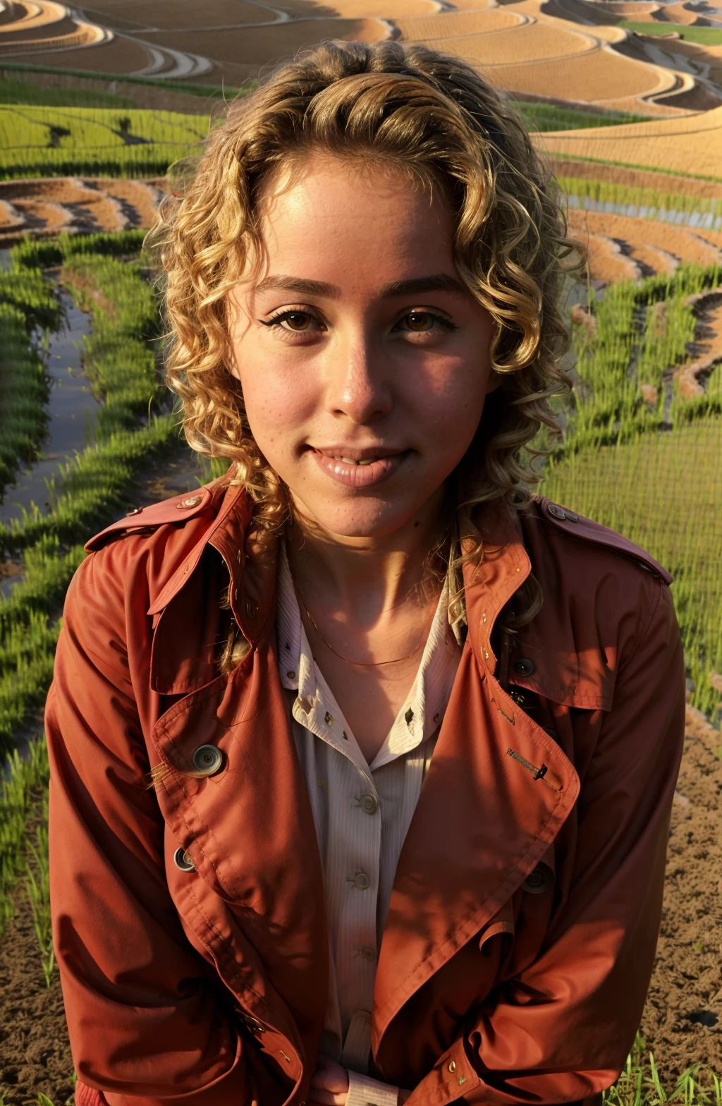 (portrait shot), waist up, masterpiece, best quality, 1 mature woman, smile, short blonde hair, Psycheswings wearing Trench Coat, eyeliner, red lips, closed mouth, Peaceful rice terrace, <lora:Psycheswings-000003:1>