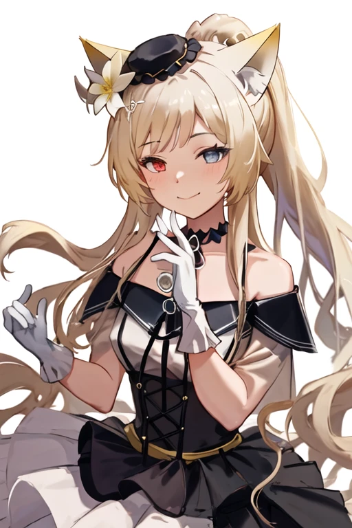 best quality, masterpiece, highres, solo, {nightmare_arknights:1.15}, animal_ears, long_hair, heterochromia, blue_eyes, bangs, cat_ears, blonde_hair, hair_ornament, blush, closed_mouth, upper_body, animal_ear_fluff, smile, red_eyes, 1girl, bare_shoulders, flower, looking_at_viewer, white_flower, dress, hair_flower, gloves, hat, white_gloves, official_alternate_costume, simple_background, off_shoulder, ponytail, off-shoulder_dress, black_choker, black_headwear, choker, black_dress, white_background, mini_hat, hand_up