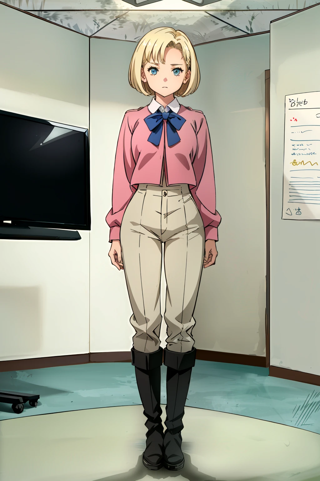 (masterpiece,best quality:1.2),1girl,chainprogear,(solo),standing,short hair,blue eyes,pink shirt,long sleeves,white collar,school uniform,boots,bowtie,blue bowtie,tan pants,expressionless,full body,indoors,in conference room,looking at viewer,straight on,arms at sides, <lora:Chainprogear1:0.8>, <lora:LORA-XenoDetailer-v2:0.1>