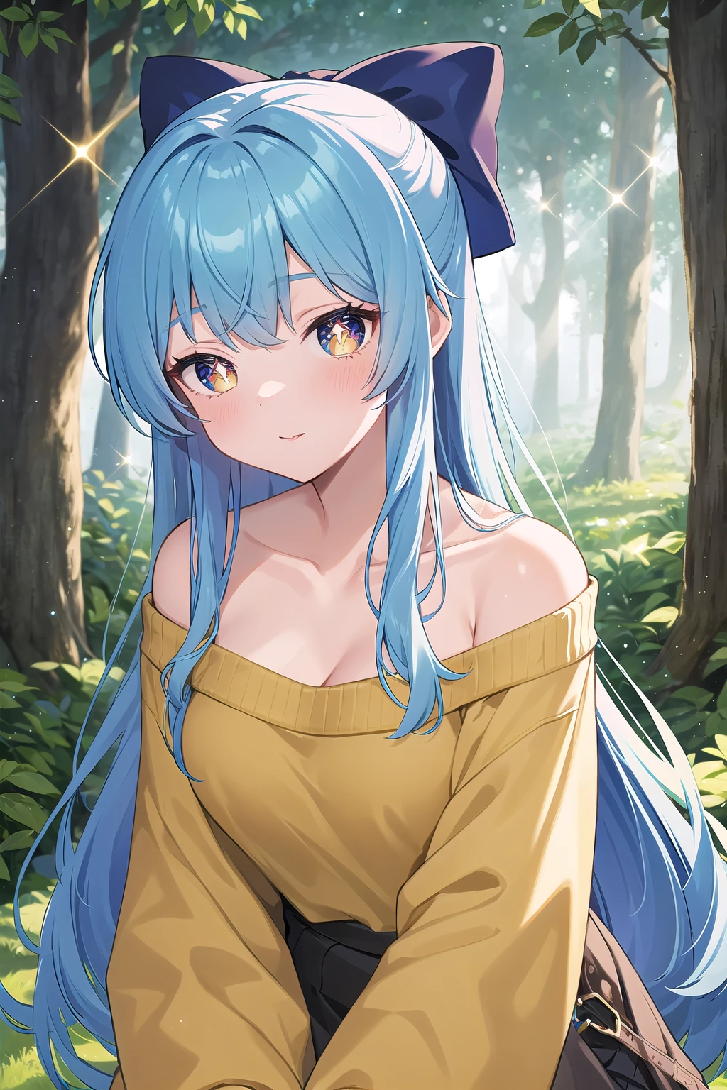 best quality, ultra-detailed, (1girl, solo, <lyco:hair_bow_back_of_head-v1:1>, hrbwonboh, hair bow, off-shoulder sweater ,, long hair, pupils sparkling, ), in a magical forest