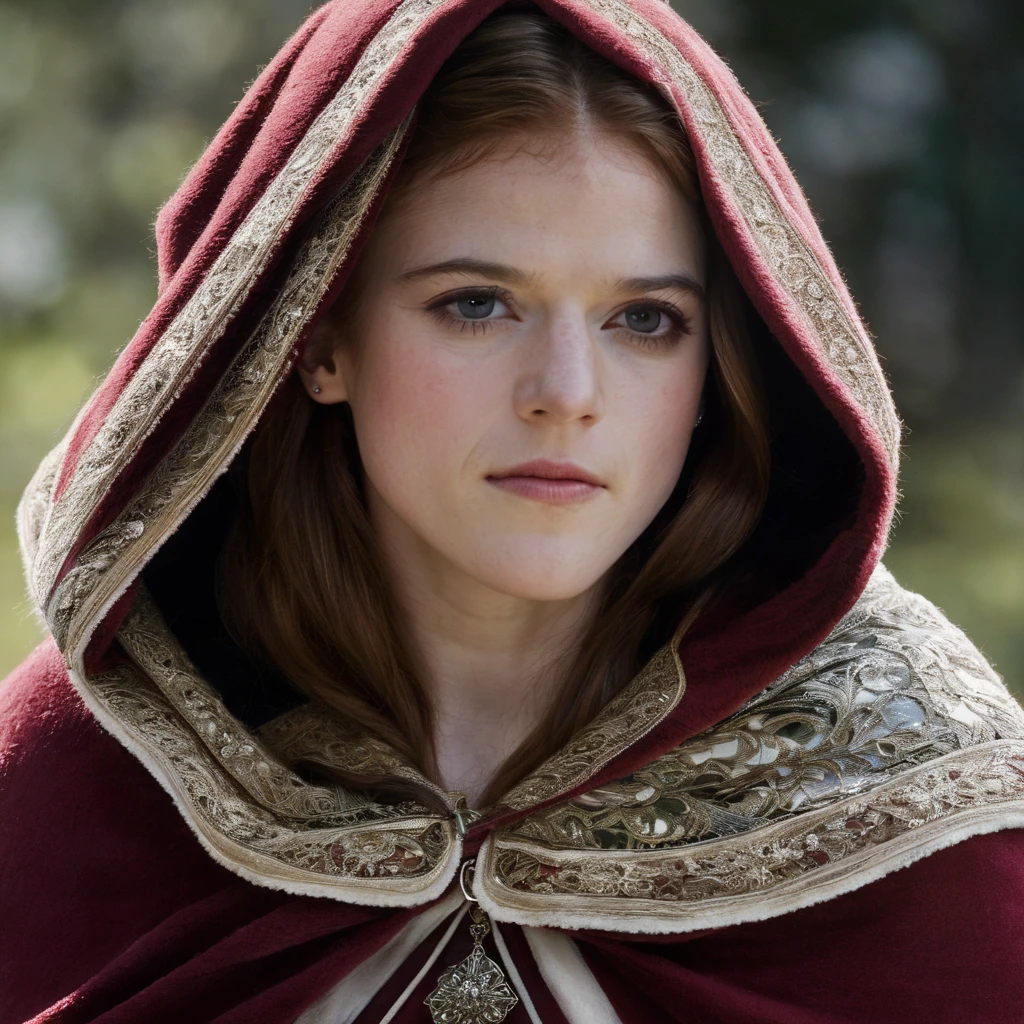rose_leslie, <lora:RoseLeslieXL:1>, long hair, looking at viewer,  dress, jewelry, earrings, hood, necklace, cape, makeup, ring, knife, veil, cloak, realistic, hooded cloak, red cloak, ((perfect eyes, detailed eyes,realistic eyes)), ((sharp face, detailed face, realistic face, naturtal skin, realistic skin, detailed skin, pores))