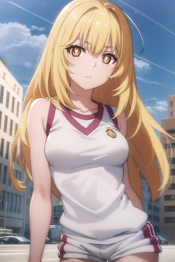 misakishokuhou, <lora:misaki shokuhou s3-lora-nochekaiser:1>, 
misaki shokuhou, blonde hair, hair between eyes, long hair, (symbol-shaped pupils:1.5), + +, (yellow eyes:1.5), (medium breasts:1.2),
BREAK bare shoulders, gloves, gym shirt, gym shorts, gym uniform, shirt, short shorts, shorts, sleeveless, sleeveless shirt, thighhighs, tokiwadai school gym uniform, white gloves, white shirt, white shorts, white thighhighs,
BREAK outdoor, city, sky, sun, clouds,
BREAK looking at viewer, (cowboy shot:1.5),
BREAK <lyco:GoodHands-beta2:1>, (masterpiece:1.2), best quality, high resolution, unity 8k wallpaper, (illustration:0.8), (beautiful detailed eyes:1.6), extremely detailed face, perfect lighting, extremely detailed CG, (perfect hands, perfect anatomy),