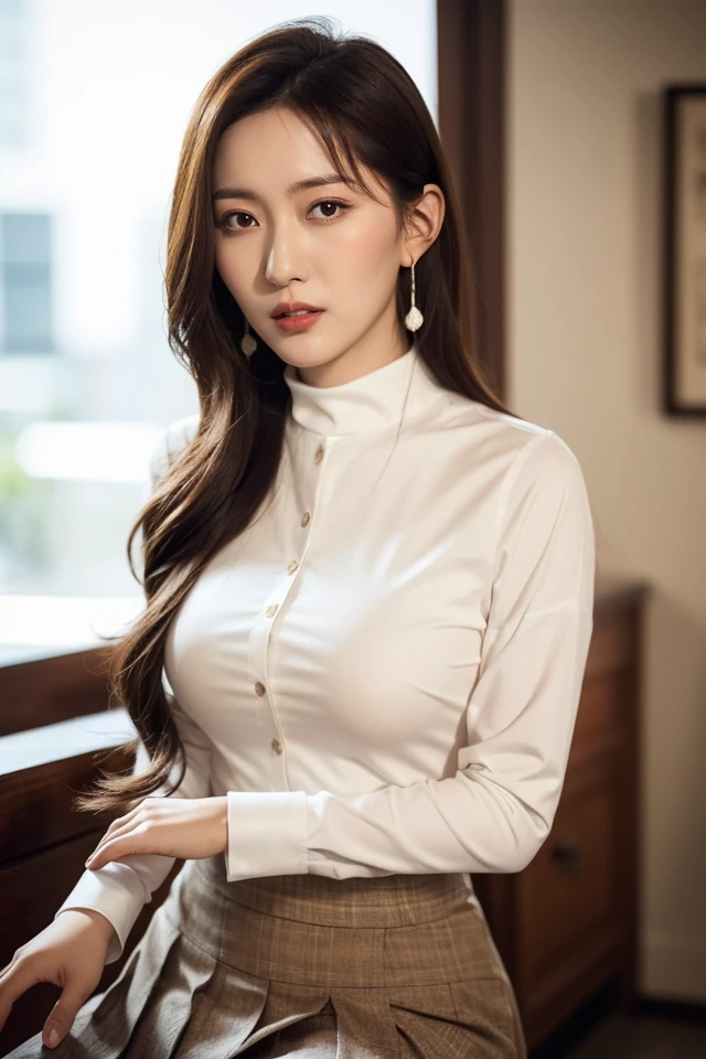 Li Yunsi,1girl,pleated skirt,turtleneck,earrings,brown hair,long hair,brown eyes,(white shirt:1.5),best quality,masterpiece,illustration,an extremely delicate and beautiful,CG,unity,8k wallpaper,Amazing,finely detail,masterpiece,official art,extremely detailed CG unity 8k wallpaper,incredibly absurdres,huge filesize,ultra-detailed,highres,extremely detailed,beautiful detailed girl,realistic,full frontal,<lora:Li Yunsi_20231113031252:0.8>,full body,