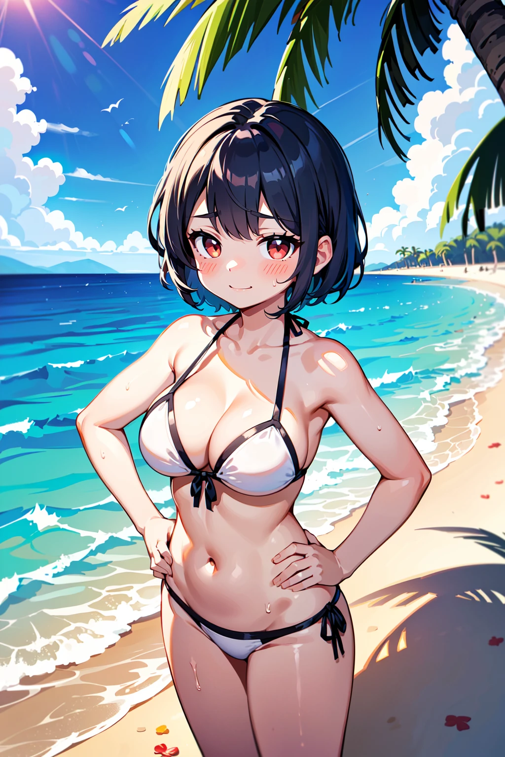 (best quality, masterpiece:1.1), close up, from above, looking up, ((both hand on hip), standing straight, upper body), (1female), (solo:0.8), (chibi), curvy, lovely huge breasts, frustrated face, smirk, blush, red eye, <lora:emptyEyesLoraUtsurome_v30:0.5>, empty eyes, utsurome, blue hair, absurdly short hair, pointy hair, undercut, white bikini, triangle bikini, wet clothes, wet hair, ( boat, bow, clownfish, day, ball, beachball, outdoors, palm tree, tropical fish, wading, water, watercraft),