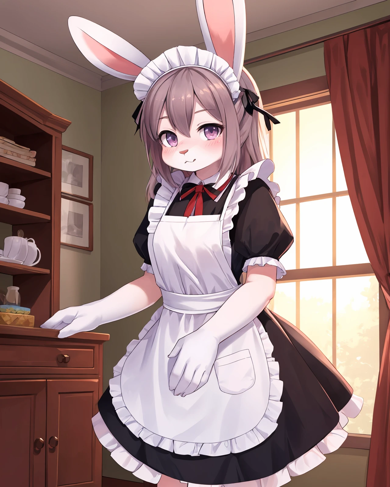 1girl, solo, masterpiece, indoors, bedroom, maid apron, maid, frills, rabbit girl, rabbit ears, blush, furry, fluffy, body fur