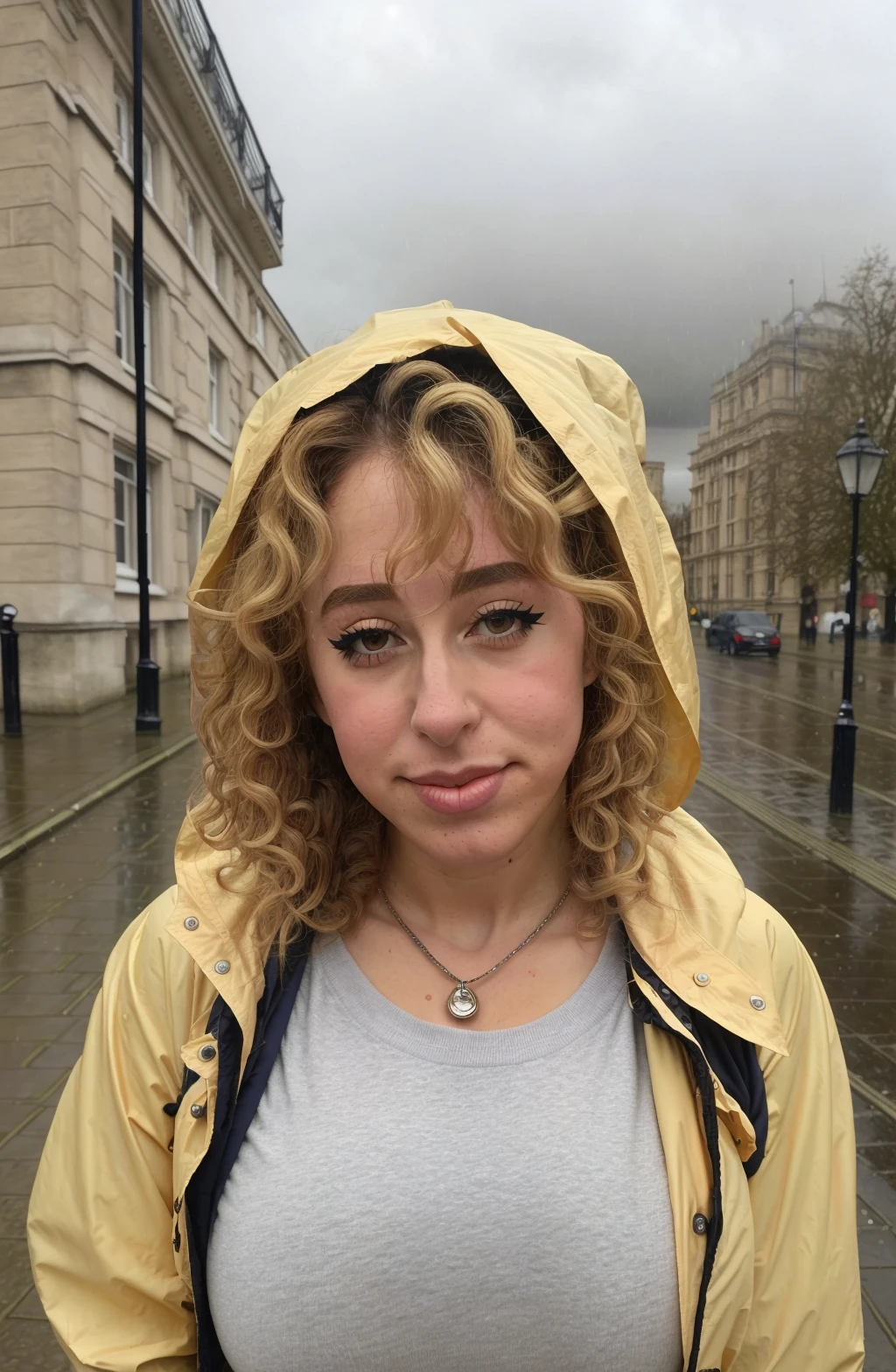 Psycheswings, (portrait shot), masterpiece, best quality, 1 mature woman, makeup, blonde hair, black eyes, eyelashes, smile, closed mouth, waist up, looking at viewer, rain coat, background: london sidewalk, cloudy, <lora:Psycheswings-000003:1>