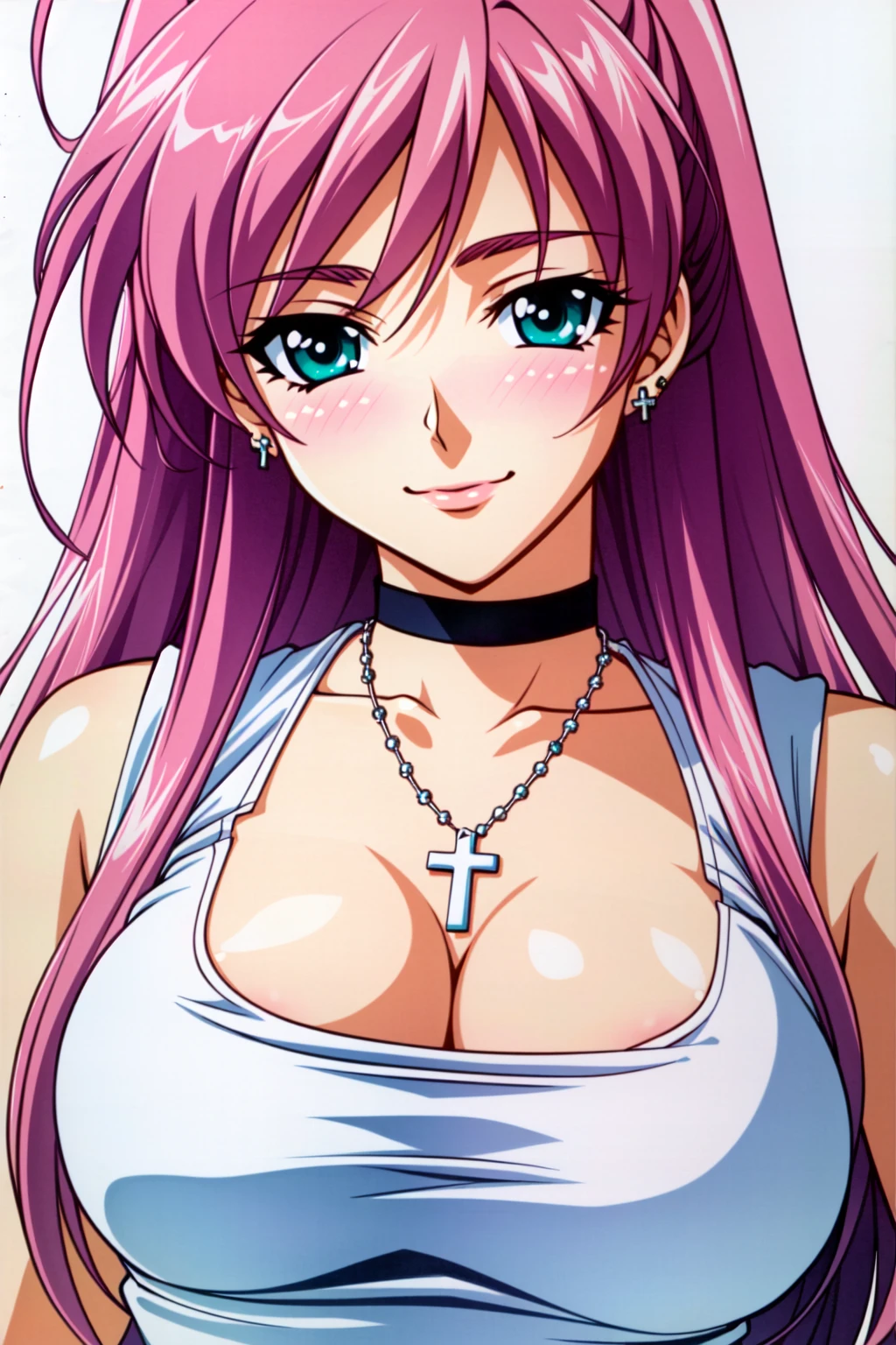 ((extremely detailed CG unity 8k wallpaper)),(masterpiece),(best quality),(ultra-detailed),(best illustration),(best shadow),(Extremely Detailed),(absurdres),(detailed background), <lora:Moka_Akashiya:0.9> Moka Akashiya, 1girl, solo, rosary cross necklace, pink hair, long hair, blush, green eyes, necklace, sleeveless t-shirt, leggings, boots, antenna hair, cleavage, breasts, choker, jewelry, medium breasts, beautiful detailed eyes, smile, close up