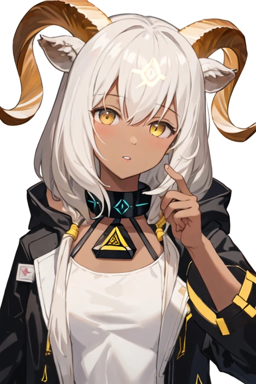 best quality, masterpiece, highres, solo, {beeswax_arknights:1.15}, horns, dark-skinned_female, dark_skin, animal_ears, goat_horns, goat_ears, white_hair, yellow_eyes, bangs, goat_girl, long_hair, hair_between_eyes, upper_body, infection_monitor_\(arknights\), 1girl, black_jacket, collar, jacket, open_clothes, parted_lips, simple_background, hood, hood_down, looking_at_viewer, shirt, white_background, white_shirt, open_jacket, black_coat, black_collar, coat