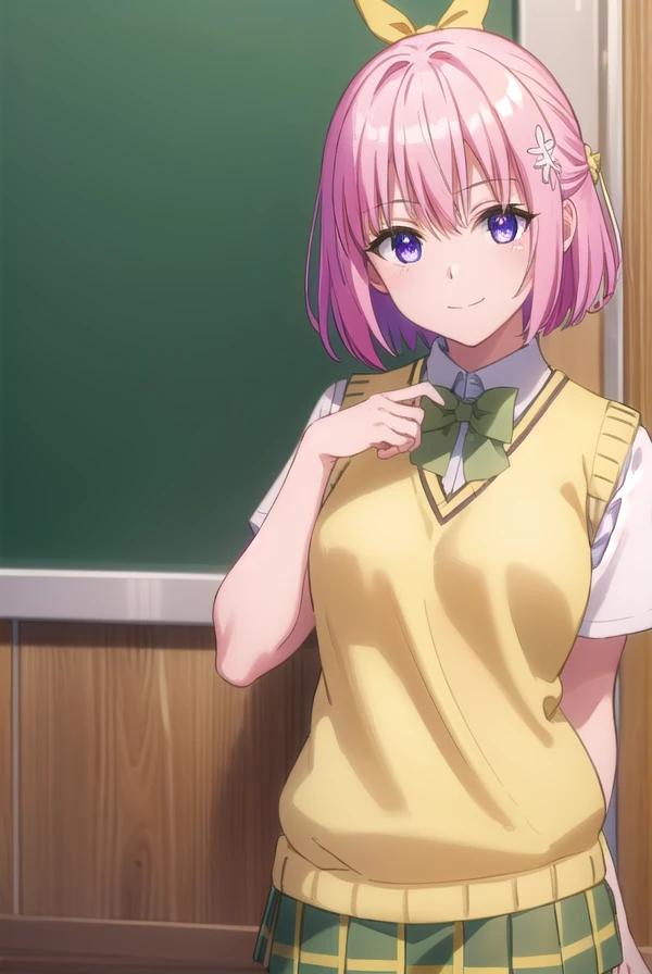 momodevilluke, <lora:momo deviluke darkness-lora-nochekaiser:1>,
momo deviluke, demon tail, hair flower, hair ornament, (purple eyes:1.1), pink hair, short hair, tail, smile,
BREAK demon tail, green skirt, plaid, plaid skirt, sainan high school uniform, school uniform, skirt, sweater vest, thighhighs, (yellow sweater:1.5), short sleeves, bow, (green bow:1.5),
BREAK indoors, classroom,
BREAK looking at viewer, (cowboy shot:1.5),
BREAK <lyco:GoodHands-beta2:1>, (masterpiece:1.2), best quality, high resolution, unity 8k wallpaper, (illustration:0.8), (beautiful detailed eyes:1.6), extremely detailed face, perfect lighting, extremely detailed CG, (perfect hands, perfect anatomy),