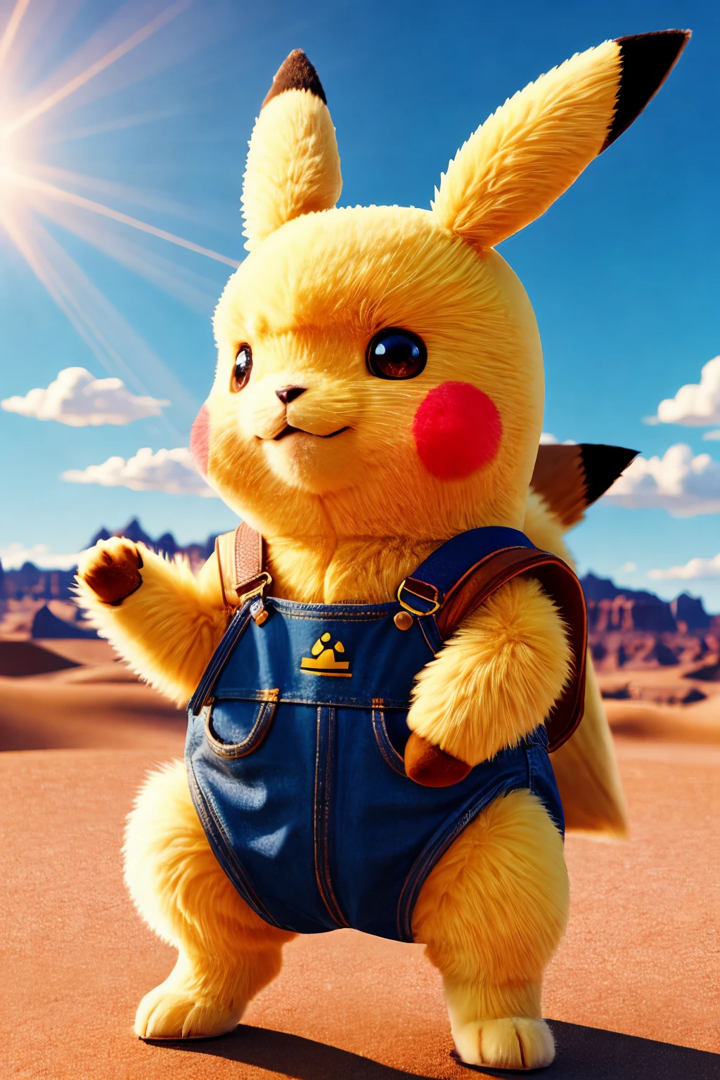 an adorable and fluffy baby Pikachu, cowboy, western, desert, saloon, gun, bright sky, with blur background, high quality, 8k
