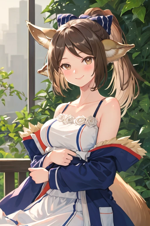 best quality, masterpiece, highres, solo, {perfumer_arknights:1.15}, brown_hair, animal_ears, fox_ears, ponytail, bow, brown_eyes, hair_bow, long_hair, smile, upper_body, blue_bow, blush, breasts